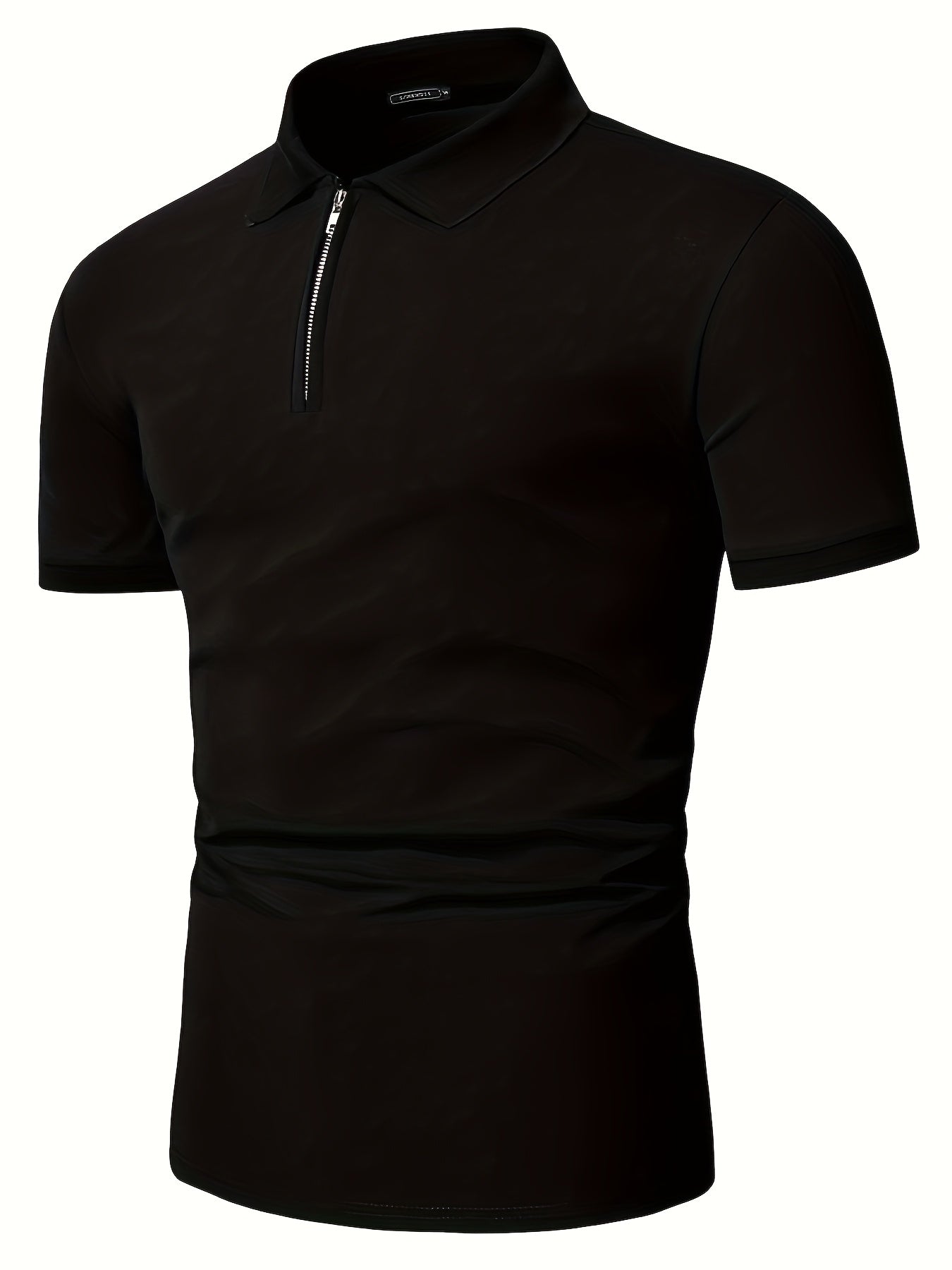 Casual Stretch Men's Solid Color Zipper Lapel Golf Shirt, Male Summer Streetwear