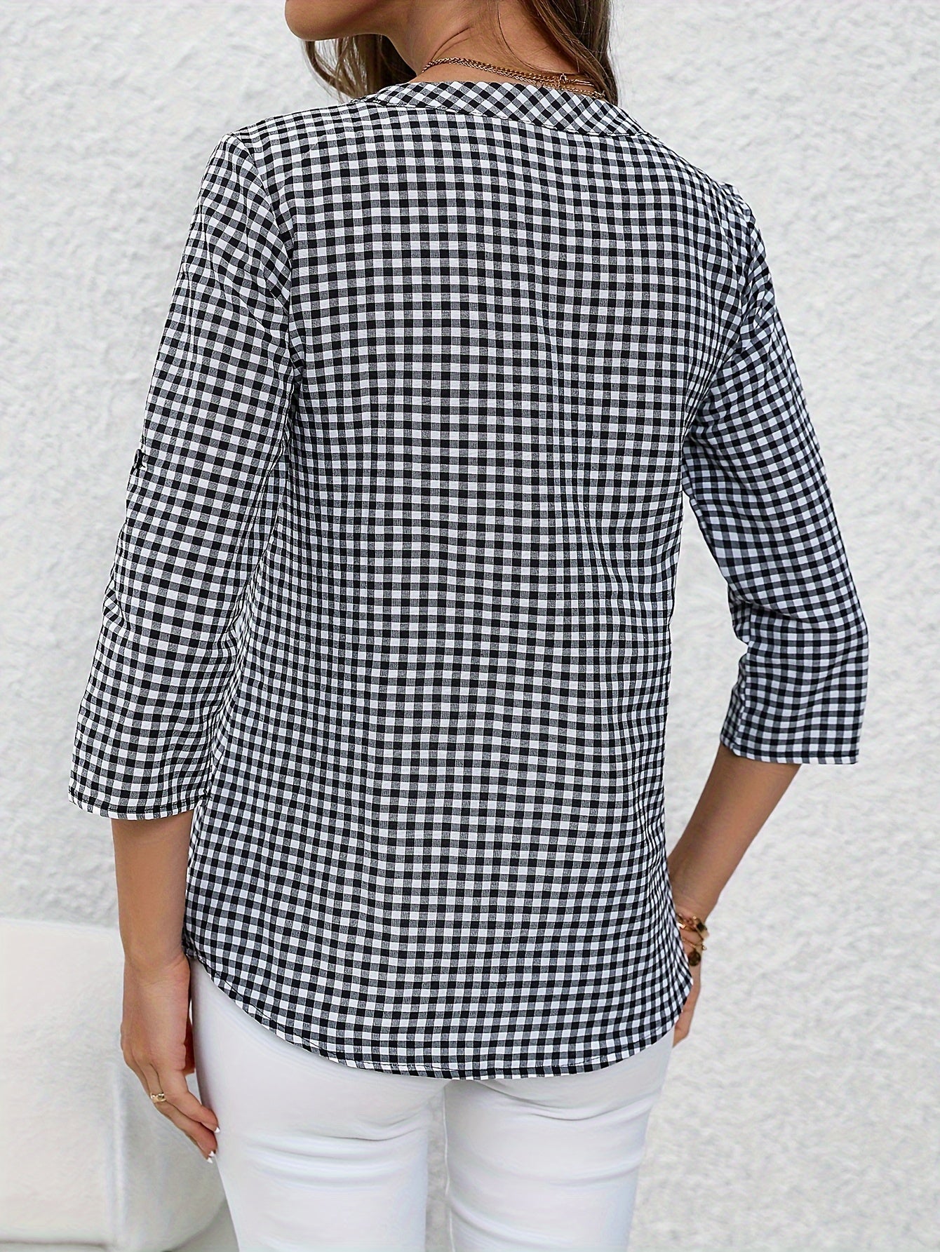 Women'S Casual Yellow & White Plaid Button-Up Shirt - Polyester, V-Neck, Long Sleeves, Casual Wear, Casual Wear|Plaid Pattern|Polyester Fabric