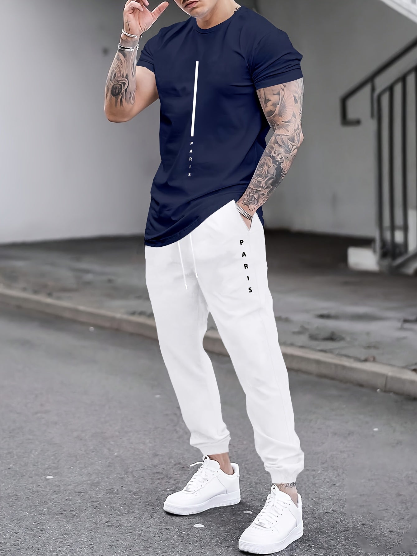 1set Men'S Casual Sportswear Set, Geometric Pattern Short Sleeve T-Shirt and Drawstring Joggers, Knitted Polyester and Elastane Blend, Round Neck, Regular Fit, Four Seasons Outfit