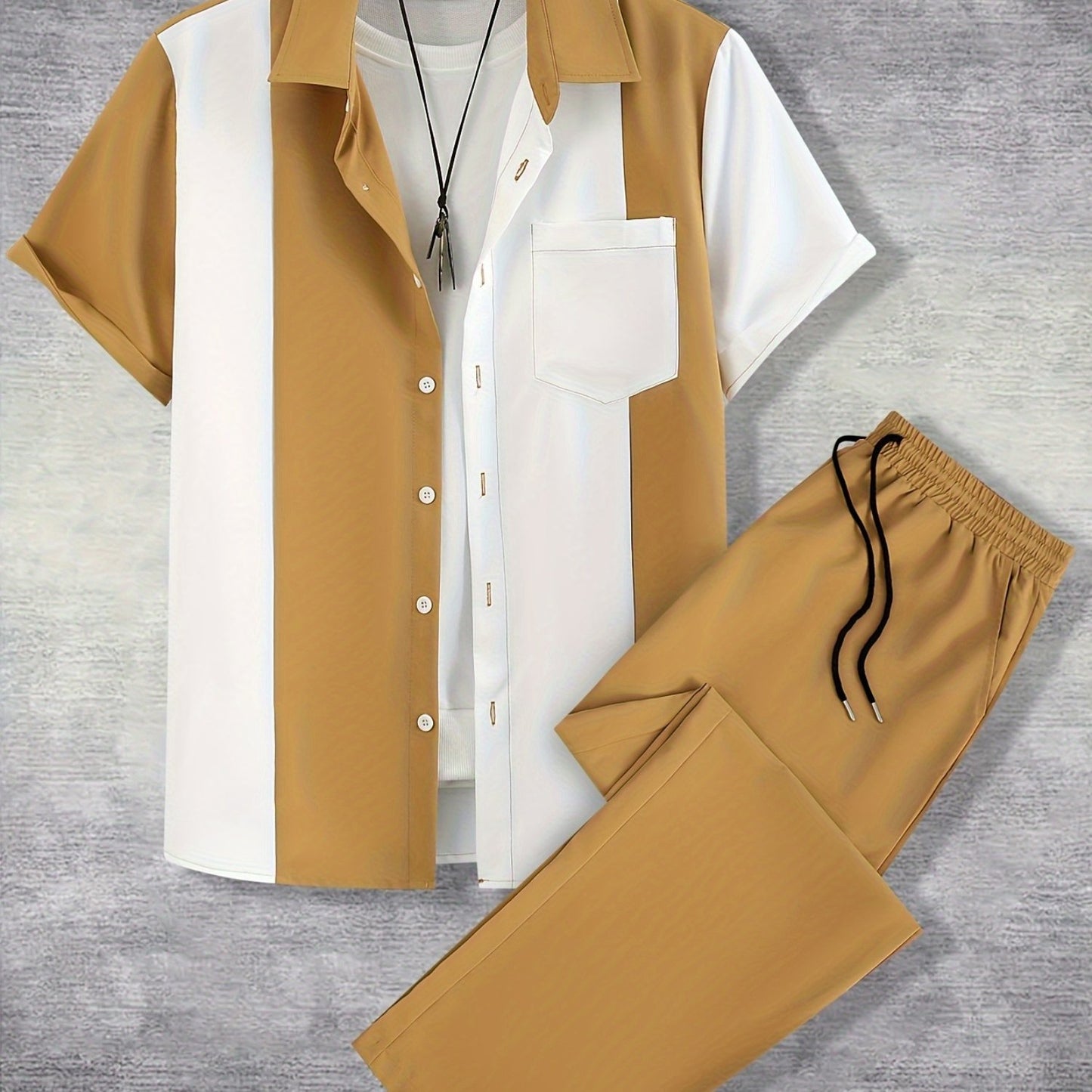Men'S Casual Two-Piece Spring/Summer Color Block Short Sleeve Shirt and Pants Set - Polyester, Regular Fit, Button-Up with Pocket, No Belt, All-Season Wear, Casual Attire|Casual Style|Polyester Fabric