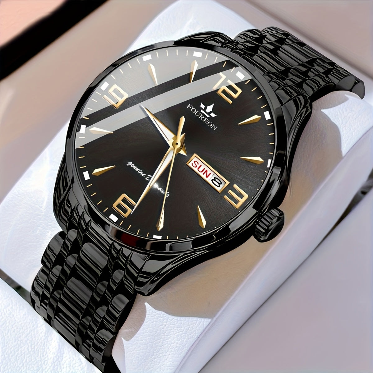 1pc New FOURRON Men's Stainless Steel Strap Quartz Watch - Large HD Scratch Resistant and Wear-Resistant Dial, IPX7 Waterproof, Luminous, Date & Calendar Function, Silent Movement, Stylish Gift for Him