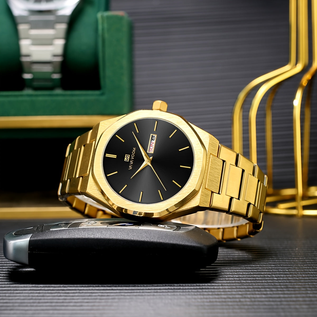 1pc Men'S Luxury Business Style Watch - Blue & Golden Stainless Steel, 42mm, Dual Calendar Quartz Movement, VA VOOM Brand, Outdoor Sports & Leisure Gift, Outdoor Sports Watch | Elegant Watch Design | Quartz Watch Movement, Lu
