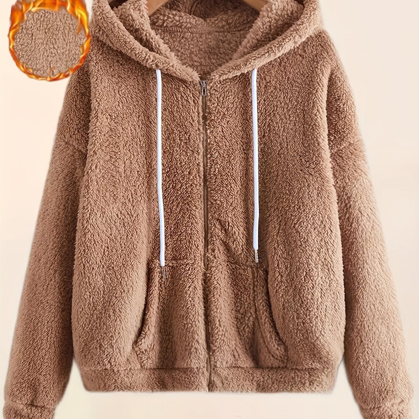 Cozy Fleece-Lined Hooded Jacket for Women - Casual Solid Color with Drawstring, Zip-Up Front, Long Sleeves - Perfect for Fall & Winter