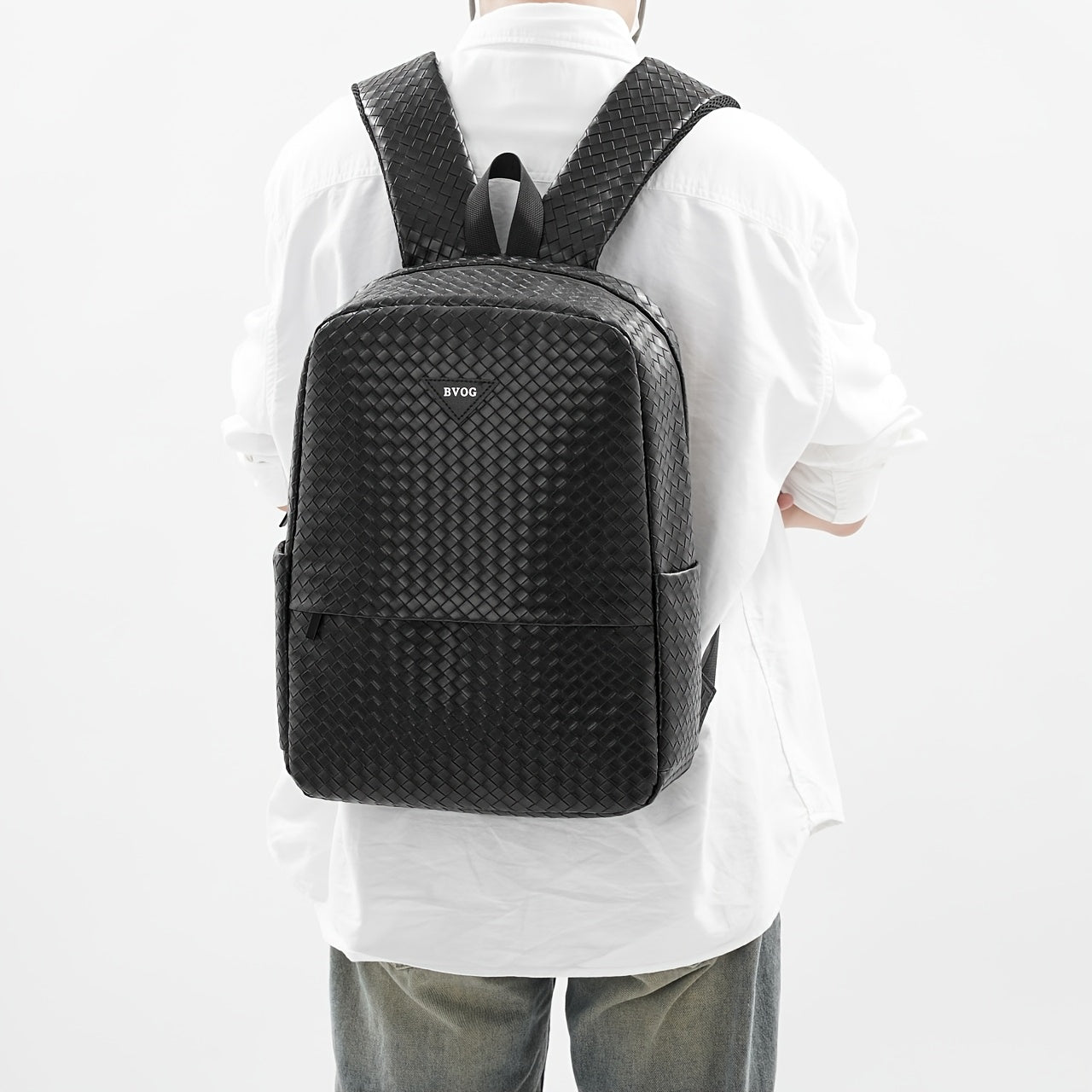 Fashionable Black Woven Backpack with Adjustable Shoulder Straps - Stylish Short Trip Storage Bag, Durable Polyester Lining, Secure Zip Closure, Casual Daypack for Outings, Travel Backpac
