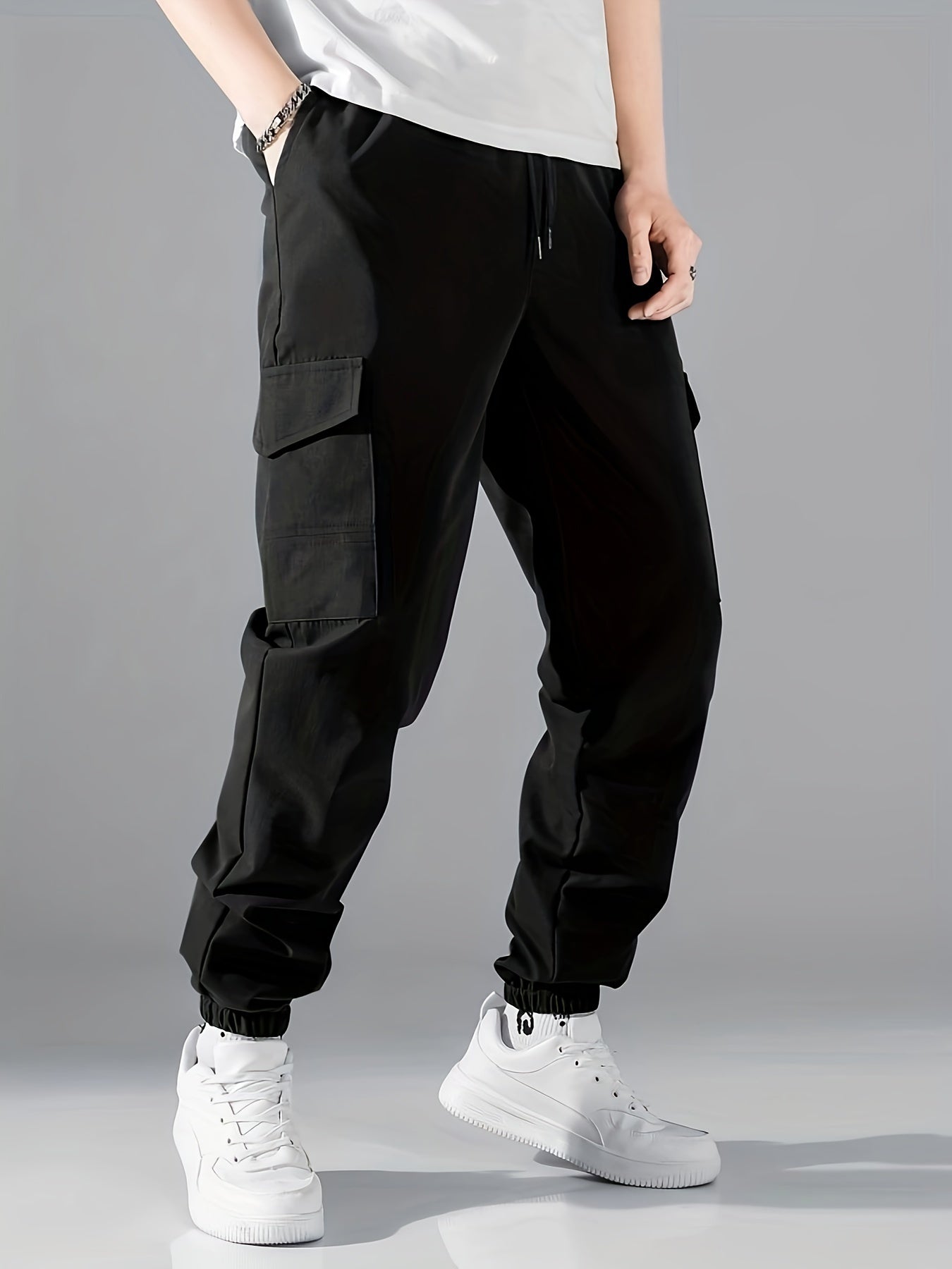 Men's Casual Athletic Cargo Pants - Solid Color, Polyester, Machine Washable with Multiple Pockets