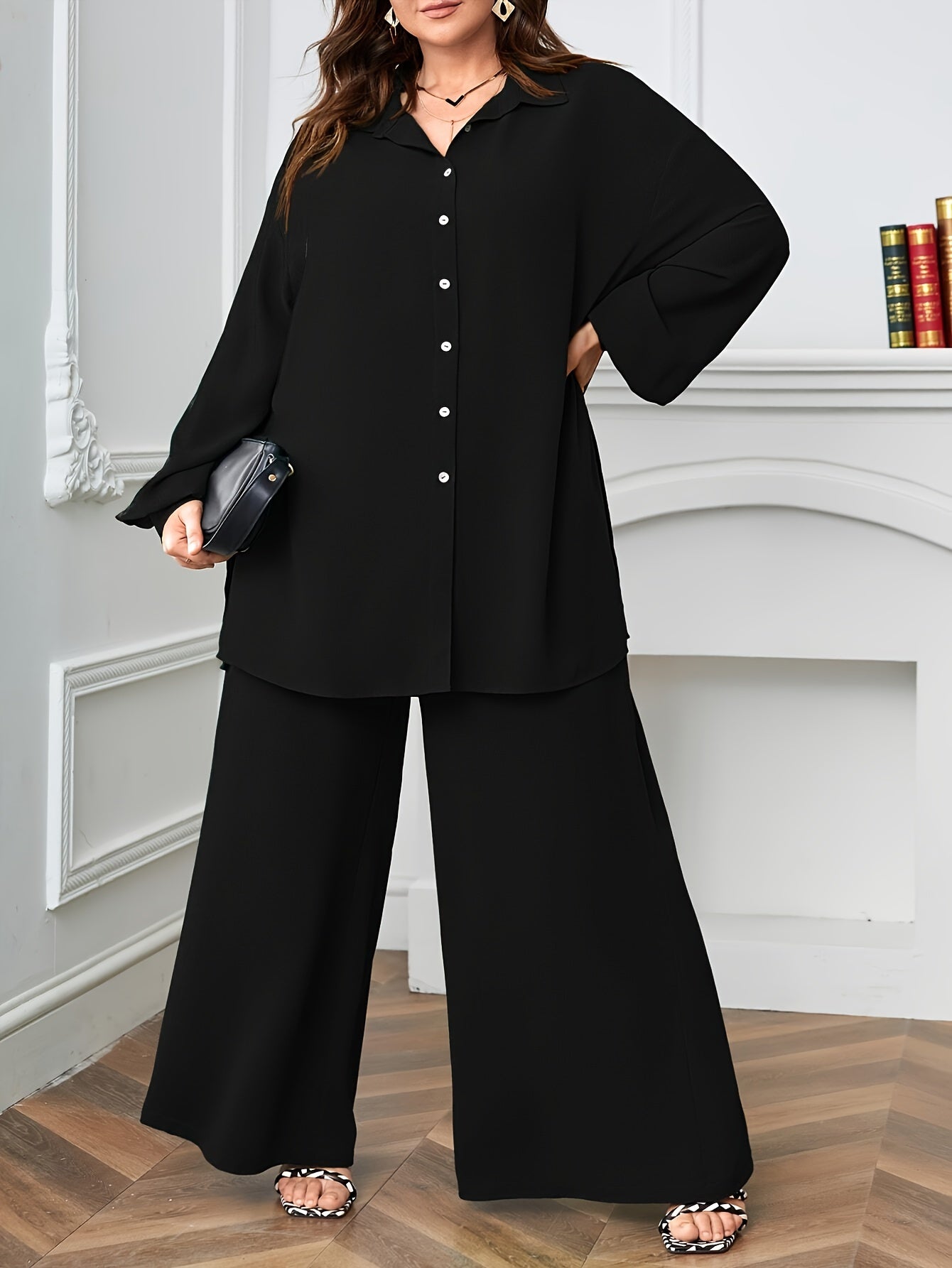 Elegant Plus Size Women'S Two-Piece Set: Stylish V-Neck Blouse & Wide Leg Pants - Perfect for Formal Occasions, Plus Size Blouses