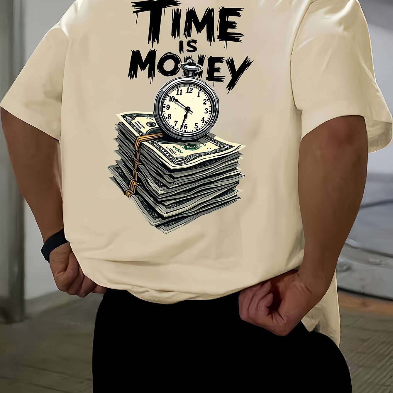 Men'S Casual Short Sleeve T-Shirt with "Time is Money" Clock & Stack of Cash Graphic - Lightweight Polyester, Loose Fit, Round Neck, Perfect for Spring & Summer Outdoor Wear, Relaxed Fit Shirt | Bold Graphic Tee | Glossy Text