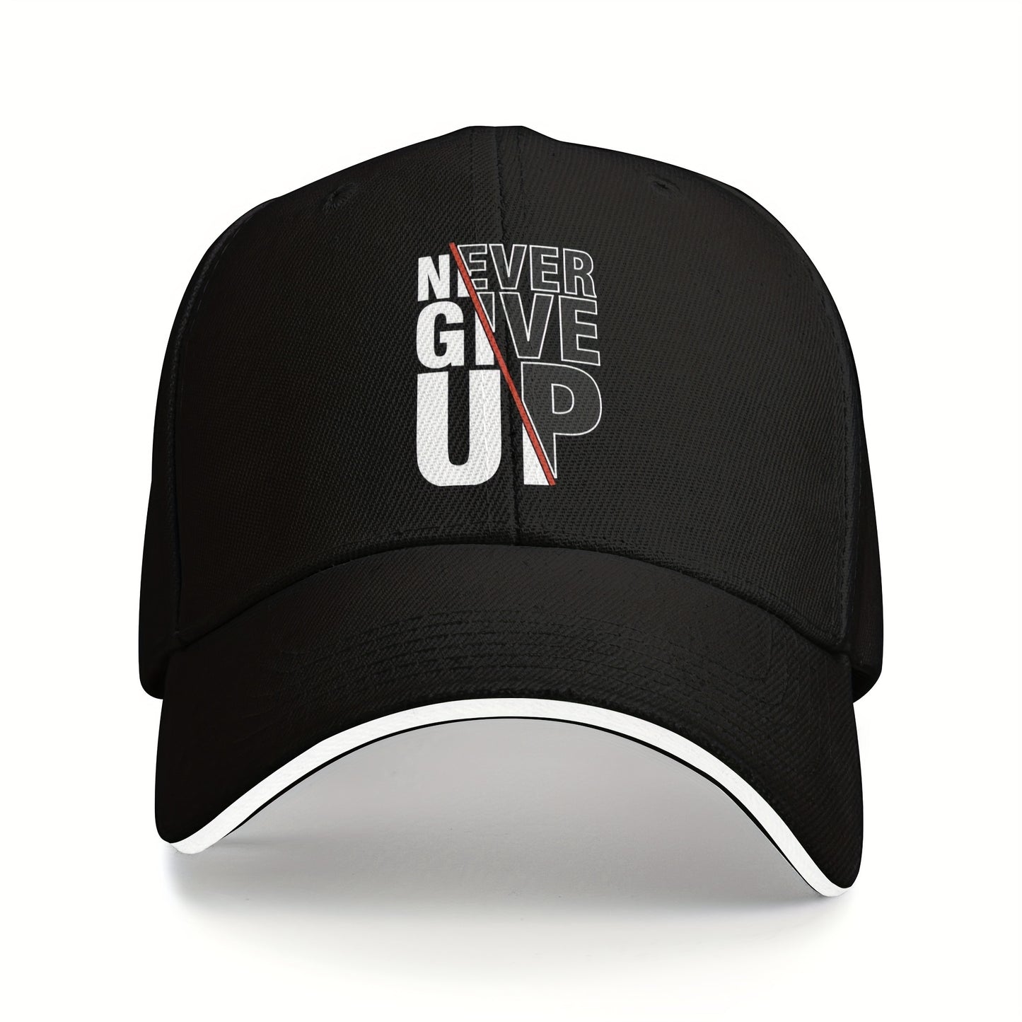1 Pack Never Give Up Print Baseball Cap - Adjustable Snapback Dad Hat with Breathable Mesh Back, Funky Unisex Trucker Hat for Outdoor Fishing Driving, Black with White & Red Lettering, One Size Fits Most (53.34-63.5 cm)