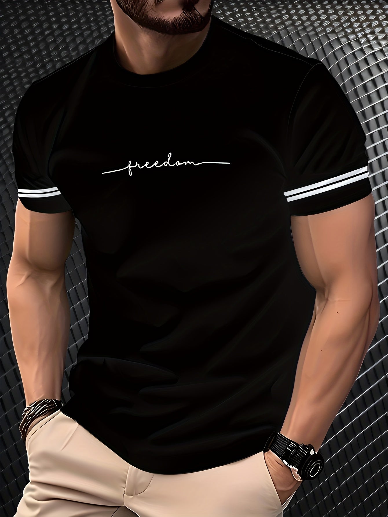 Men'S "Freedom" Graphic T-Shirt - Black Casual Crew Neck Tee with White Stripes, Breathable Polyester Blend, Regular Fit for Casual Attire, Everyday Tshirt | Bold Print Tee | Comfortable Fit, Knit