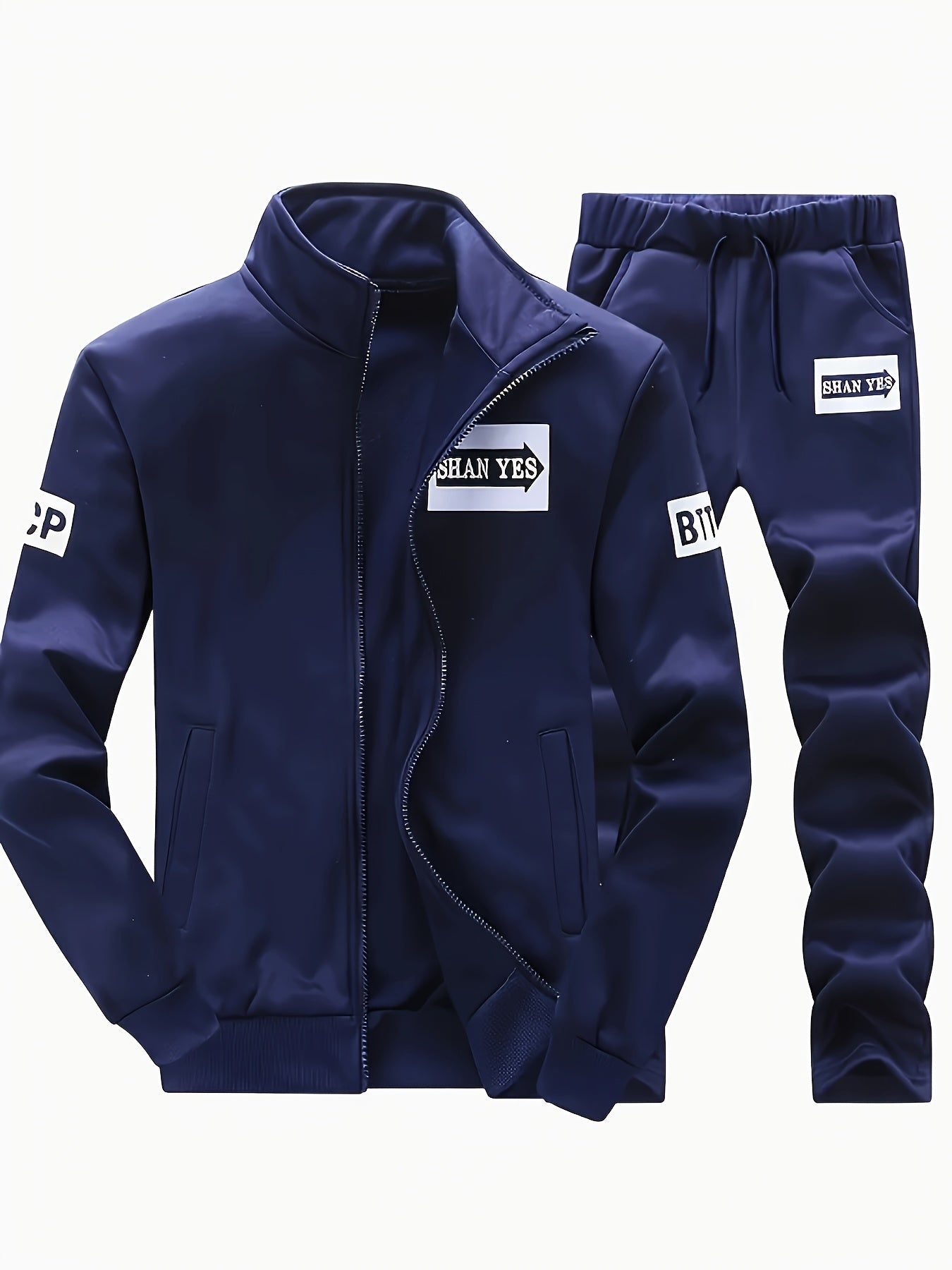 Men'S Navy Blue "Shan Yes" Print Casual Sports Suit - Zip-Up Hoodie & Joggers with Pockets, Regular Fit for Spring & Fall, Comfortable Leisure Wear, Leisure Wear Hoodie | Sporty Hoodie | Zipper Closure, Essential Hoodie