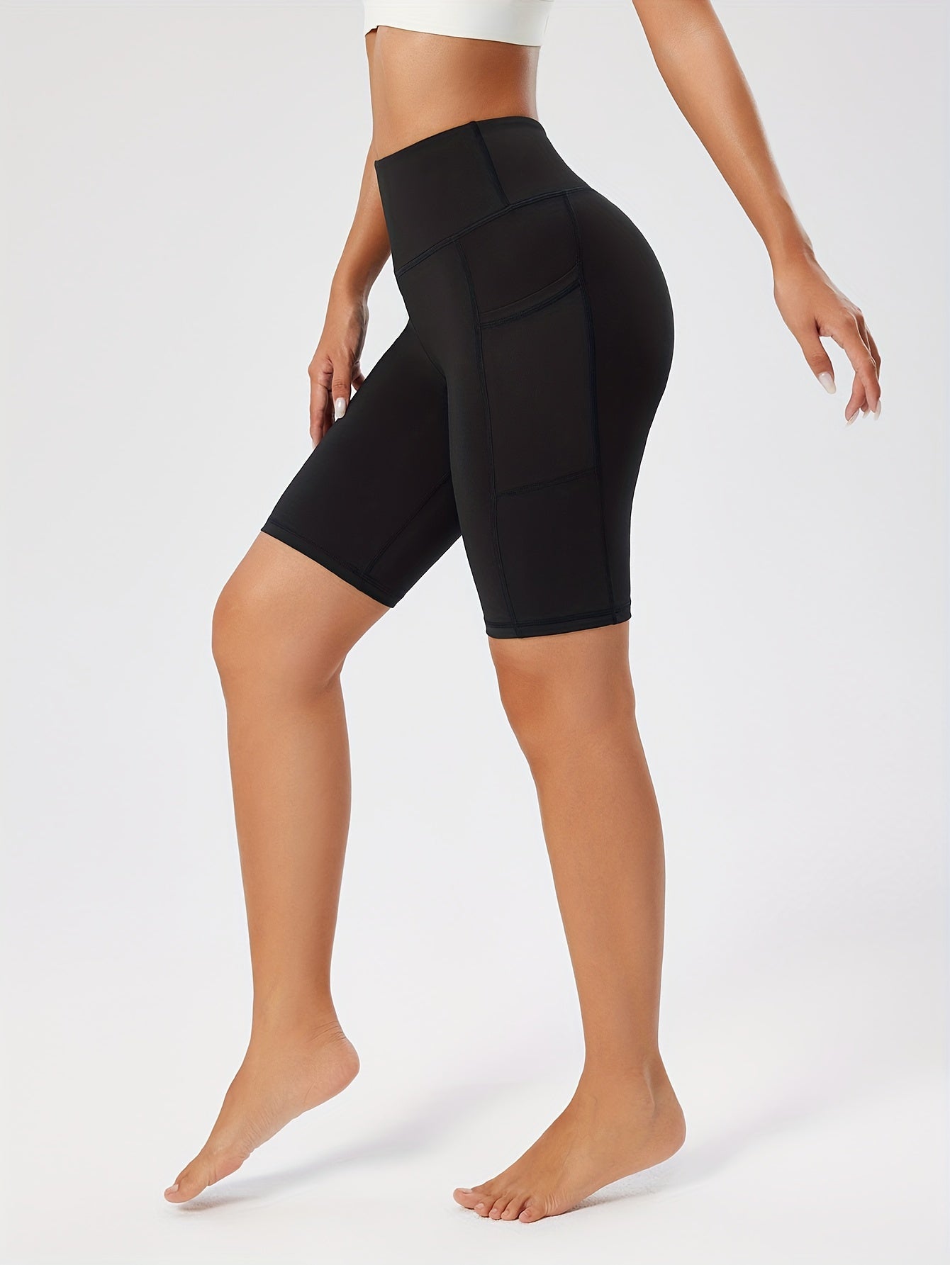 Women's High-Waist Black Yoga Shorts with Pockets - Tummy Control, Stretchy Running & Workout Leggings, Durable Polyester/Spandex Blend, Sleek Design
