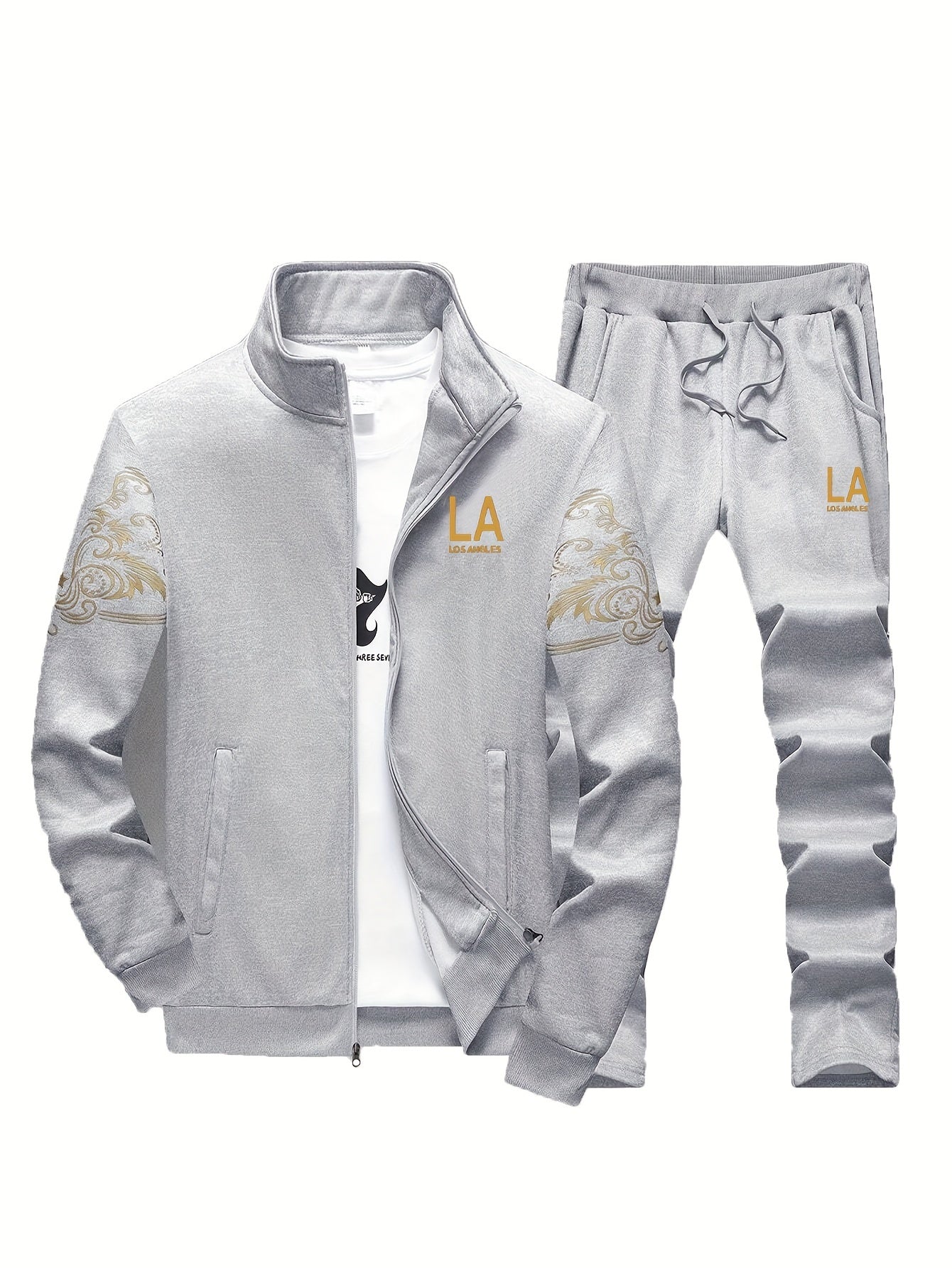 Men's Casual 2-Piece Outfit, Stylish Printed Full Zip Jacket & Drawstring Pants, Casual Sportswear Suit
