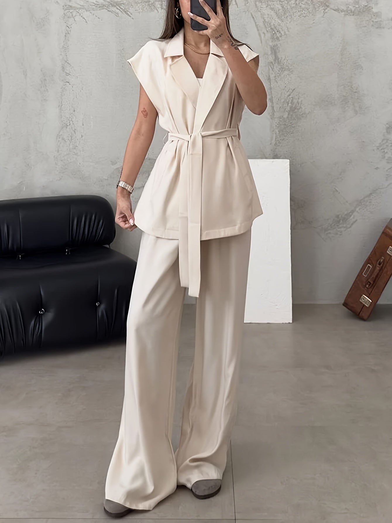 Women's Solid Color Casual Elegant Sleeveless Top and Wide-Leg Pants 2pcs Set