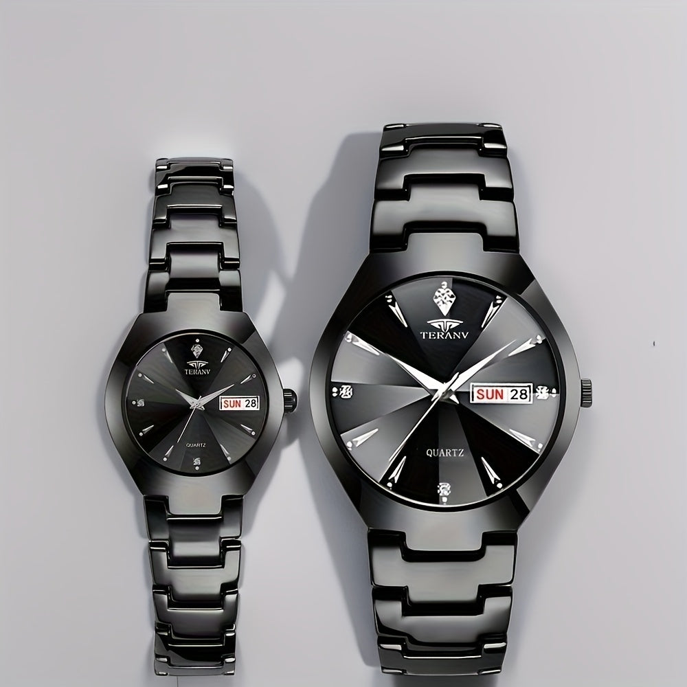 2pcs Couple Watches for Men & Women - Stainless Steel Strap, Rhinestone Accents, Luminous HD Display with Week Calendar, Quartz Movement, Elegant Gift for Valentine's Day, Mother's Day, Father's Day, Special Occasion Watch |