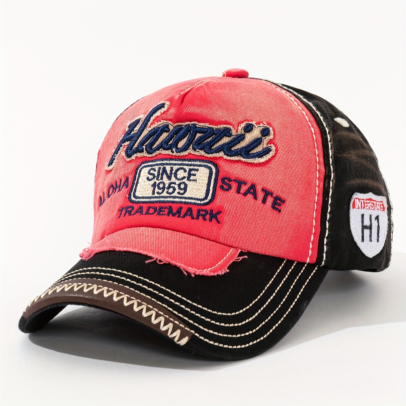 Vintage "Hawaii" Embroidered Baseball Cap - Distressed Two-Tone Design, Breathable Cotton, Adjustable Fit, Casual & Travel Hat (Beige/Black, Brown/Red, Red/White)