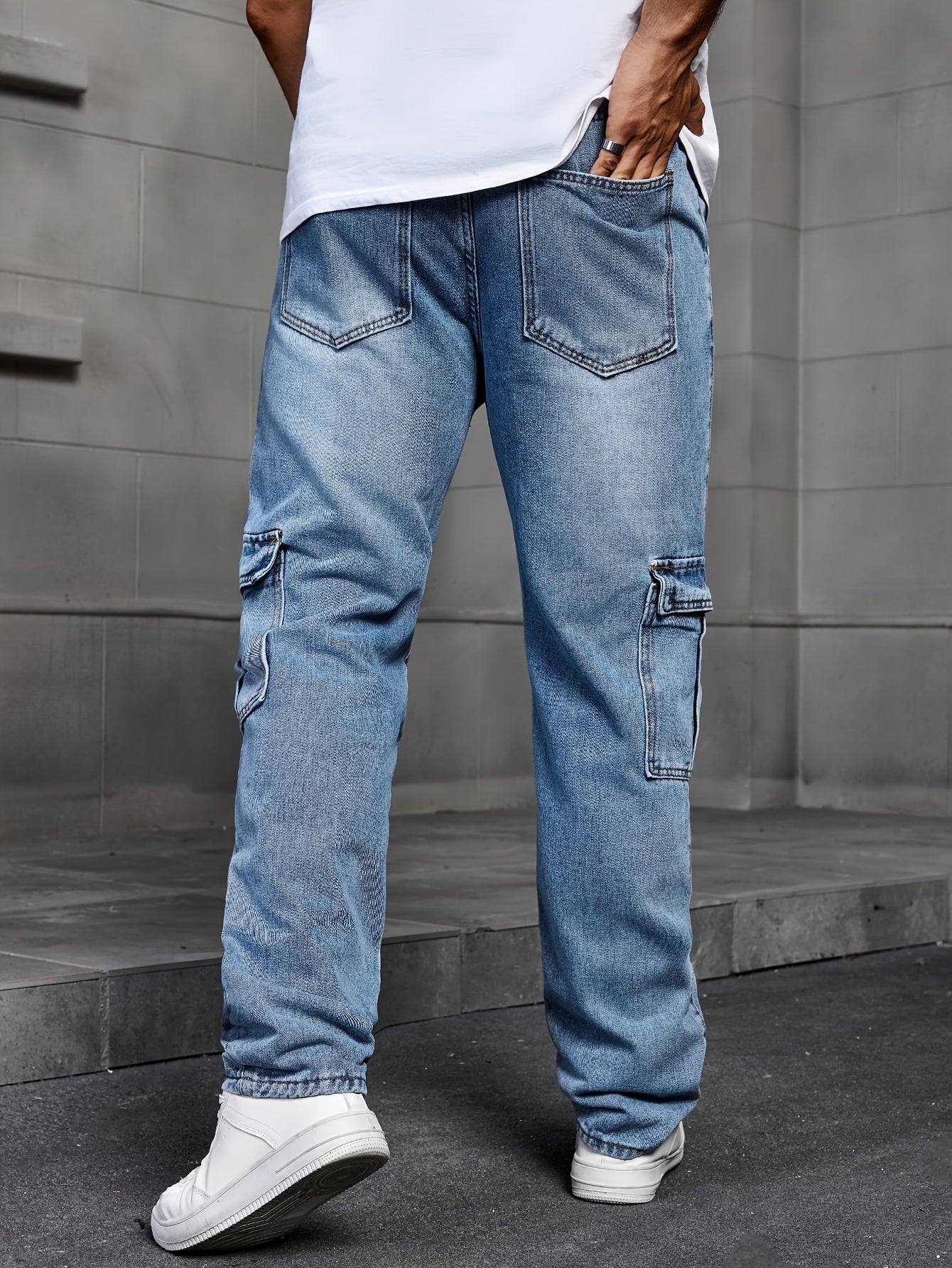 Men's Classic Blue Denim Jeans - 80%, Regular Fit, Machine Washable, Solid Color, All-Season Casual Wear, Comfortable Denim | Relaxed Fit Jeans | Textured Denim Pants