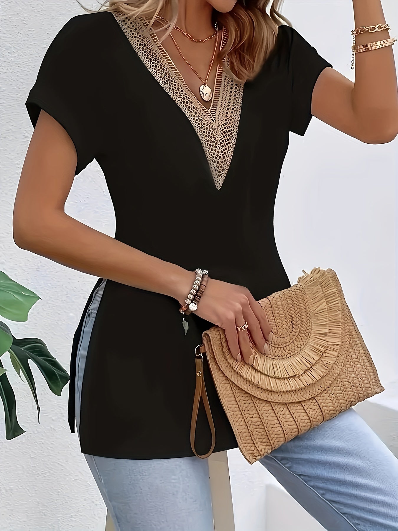 Guipure Lace V-neck Split T-Shirt, Vintage Short Sleeve T-Shirt For Spring & Summer, Women's Clothing