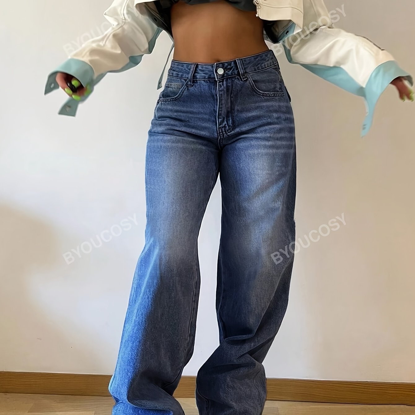 Women's Fashion Wide Leg Jeans, Casual High-Waisted Denim Pants with Pockets, All-Season Solid Color, Comfortable Slimming Design, 54.10% 35.10% Polyester 9.50% Viscose 1.30% Elastane