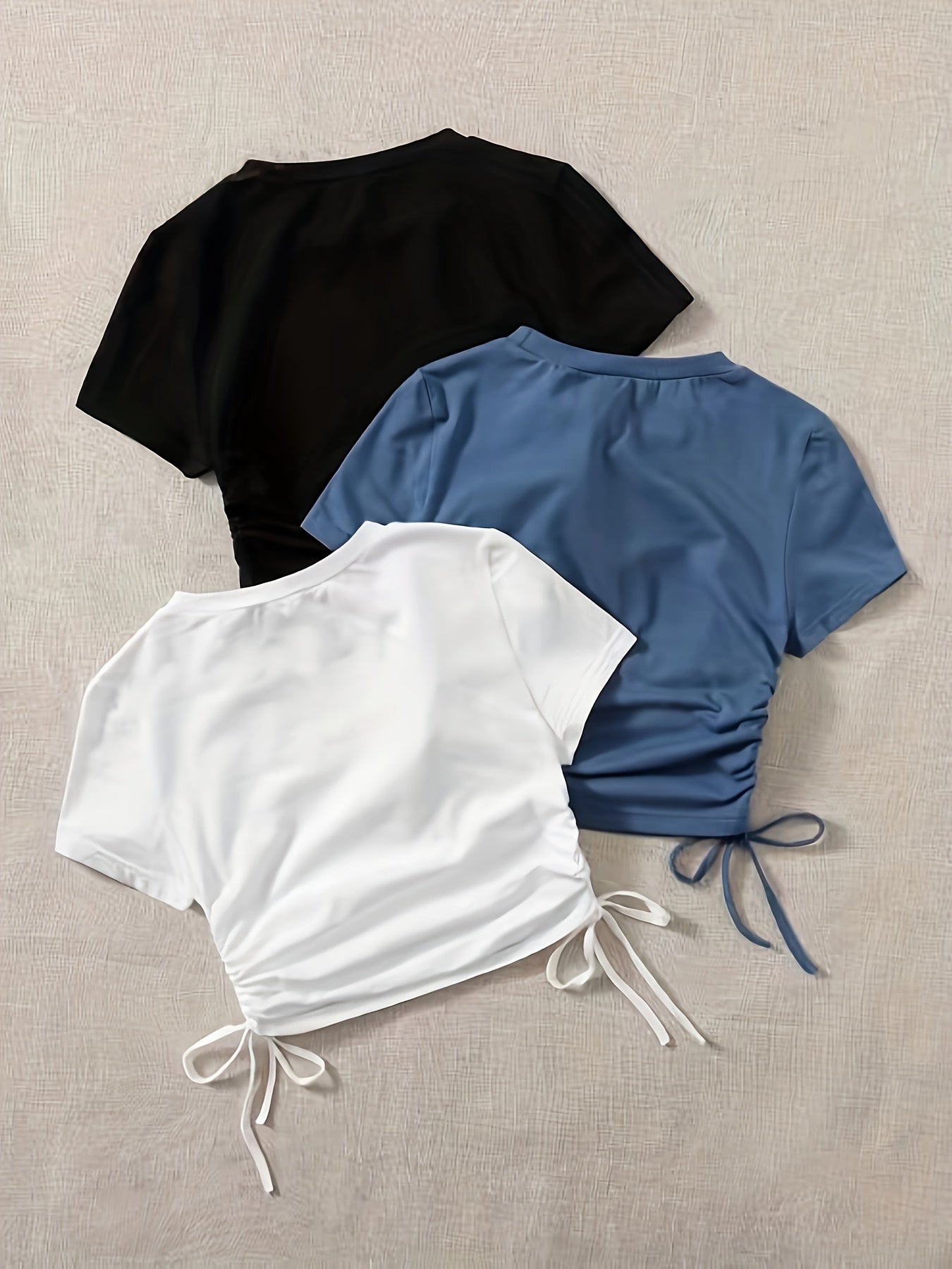 3 Pack Drawstring Crew Neck T-Shirt, Casual Short Sleeve T-Shirt For Spring & Summer, Women's Clothing