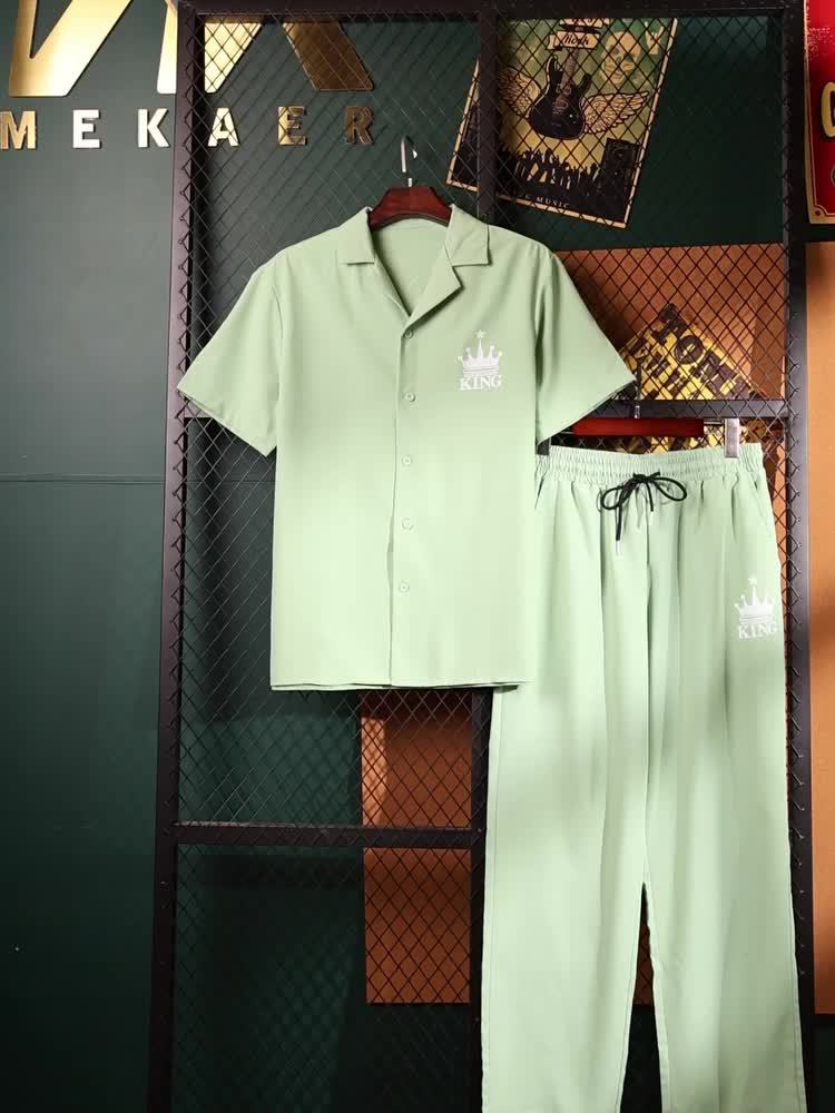 Men'S Casual Summer Crown Print Short Sleeve Button-Up Shirt & Pants Set - Black, Relaxed Fit, Non-Stretch Fabric, Lapel Collar, Stylish for Casual Attire, Casual Attire|Crown Print Design|Relaxed Fit Pants, Crown Shirt