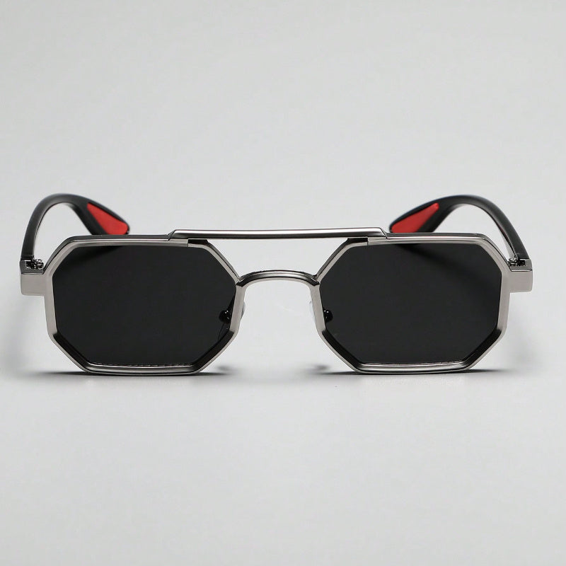 Unisex Geometric Metal Frame Fashion Glasses - Double Beam Design Decorative Eyewear for Everyday Casual Wear, Lightweight & Durable, Black Lenses, Stylish Accessory