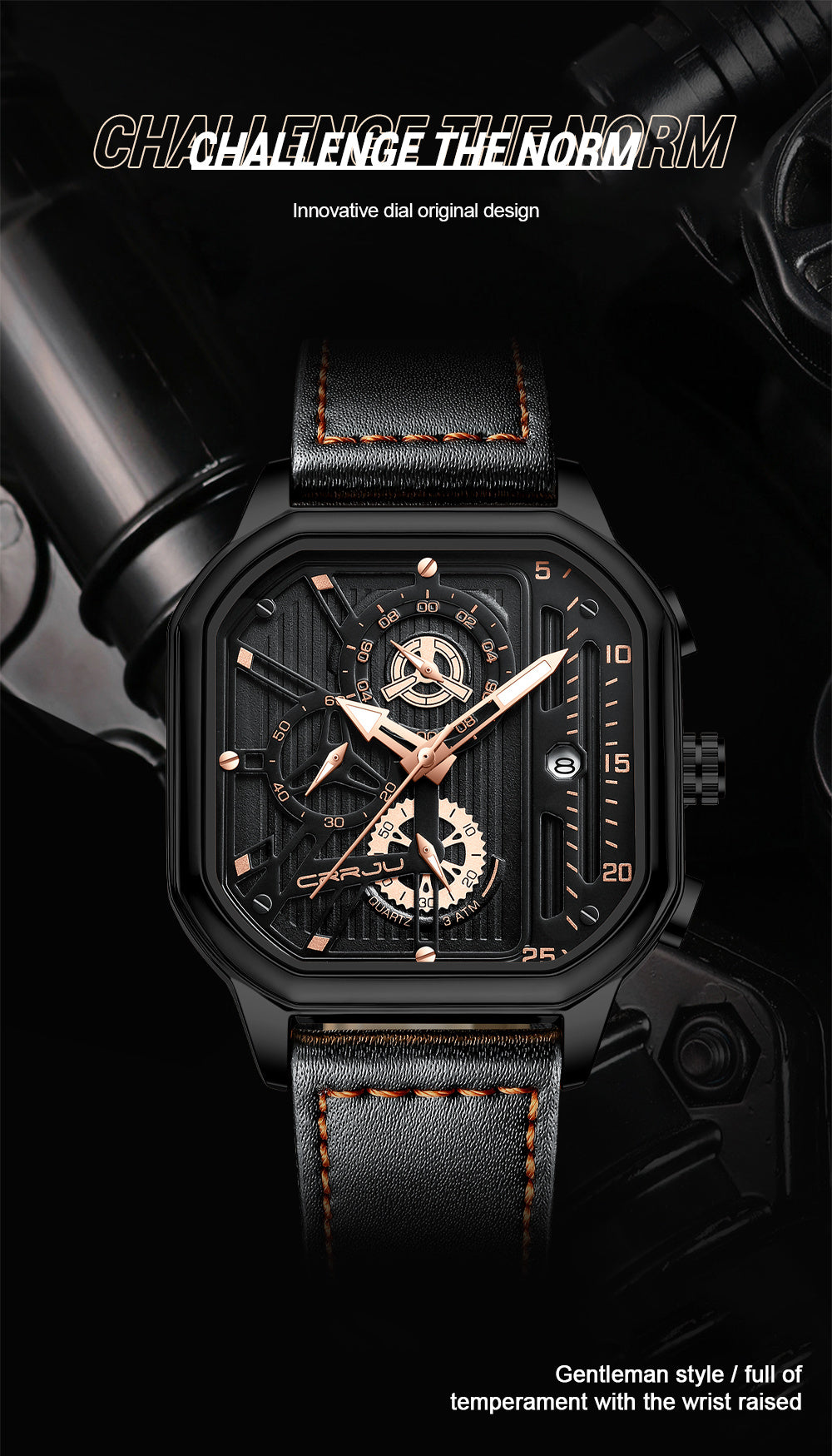 CRRJU Men's Sporty Chronograph Watch with Rose Golden Accents, Quartz Movement, IPX8 High Quality, Black Dial & Brown Faux Leather Strap - Durable Casual & Formal Timepiece
