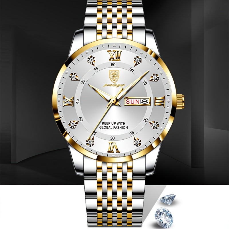 POEDAGAR Classic Men'S Stainless Steel Quartz Watch, IPX8 Luminous Weekly Calendar Watch for Men, Perfect Gift Option, Suitable for Women