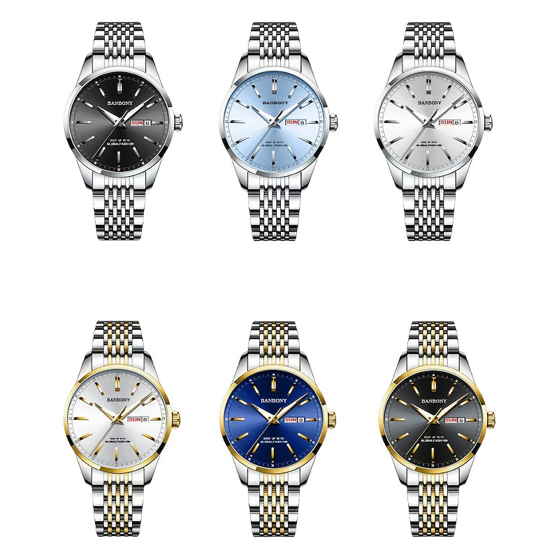 Banbony Men'S Stainless Steel Band Luminous Calendar Watch, IPX7 Waterproof, Quartz Movement, Round Zinc Alloy Case, Casual Fashion Style, with Pointer Display, Battery Powered, Non-rechargeable Button Battery, for B day