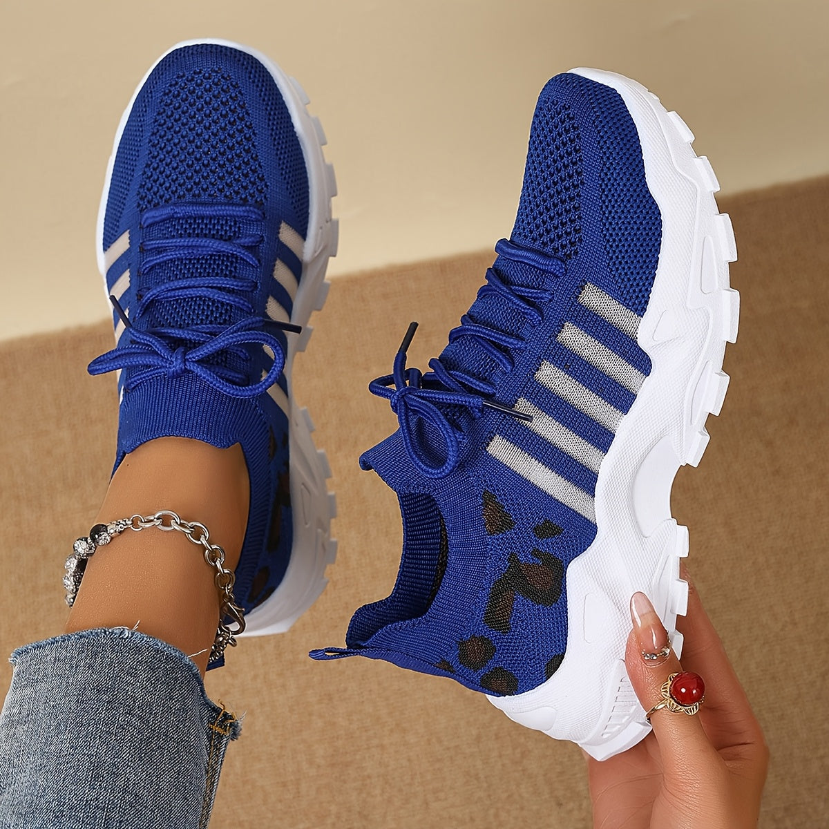 Women's Fashion Leopard Print Lace-Up Sneakers, Breathable Mesh Walking Shoes for Spring/Summer, Lightweight Comfortable Casual Sports Control Footwear with PVC Sole and Microfiber Insole