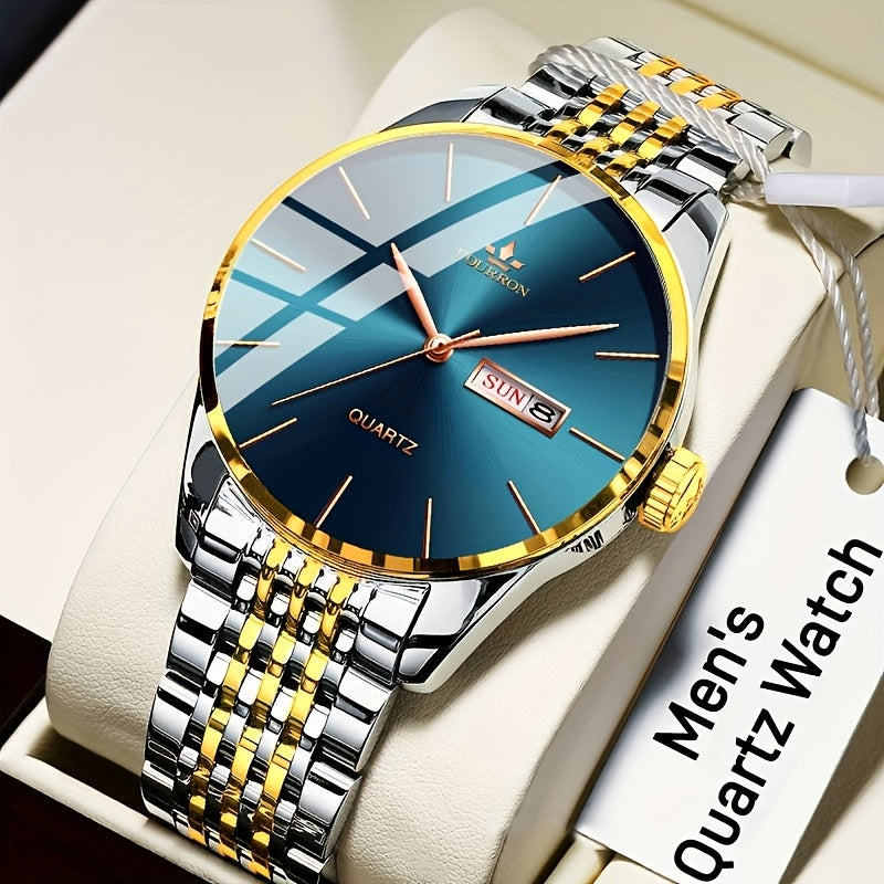 An Ideal Choice For A New FOURRON Brand Men's Luxury Stainless Steel Strap Simple Dial Quartz Watch With Date Calendar, Trendy Fashion Sports Casual Lifestyle Travel Multi-function Watch, Ideal For Friends' Birthdays, Holiday