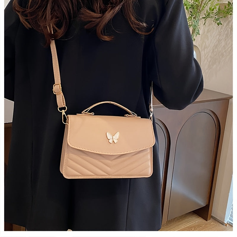 Elegant Women's Crossbody Bag with Butterfly Embellishment - Quilted Black Synthetic Leather Handbag, Magnetic Closure & Adjustable Strap, Compact Everyday Shoulder Bag for Women, Crossbody Purse, Sophisticated Accessory