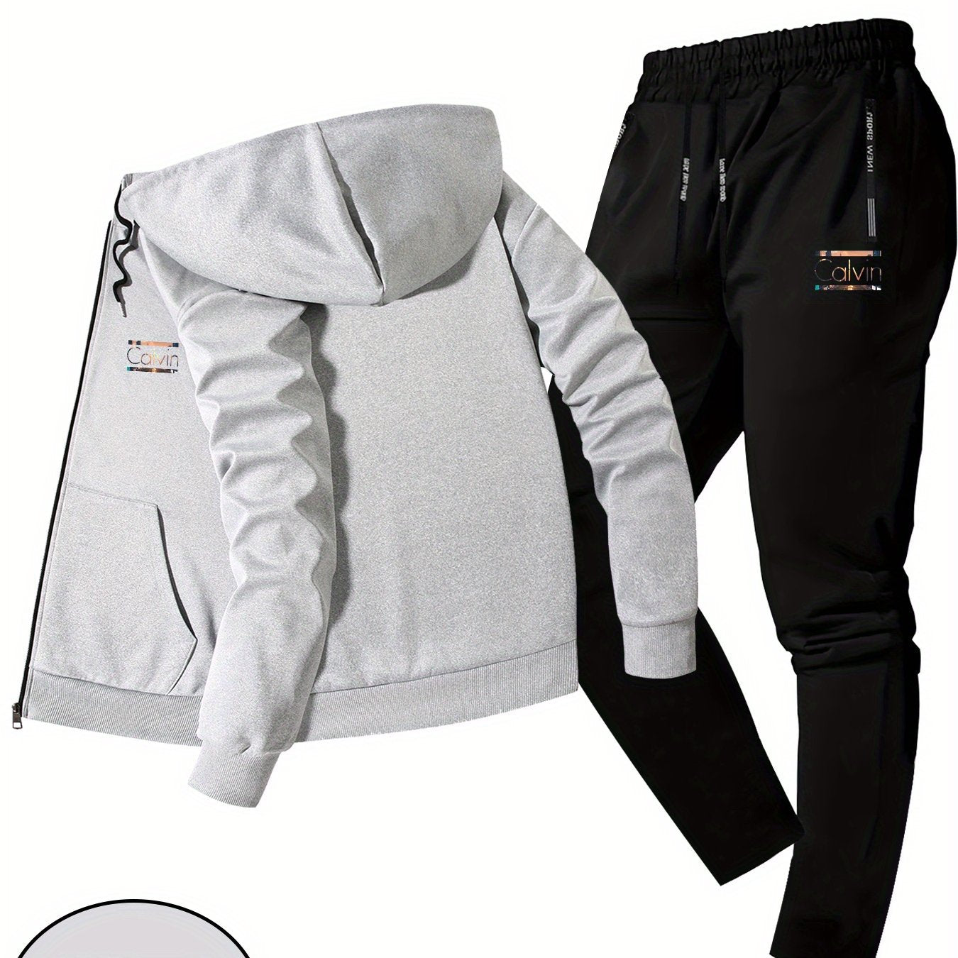 Men'S Trendy Fall/Winter Hooded Jacket Two-Piece Set Calvin Print, Casual Youth Casual Sports Jacket Set
