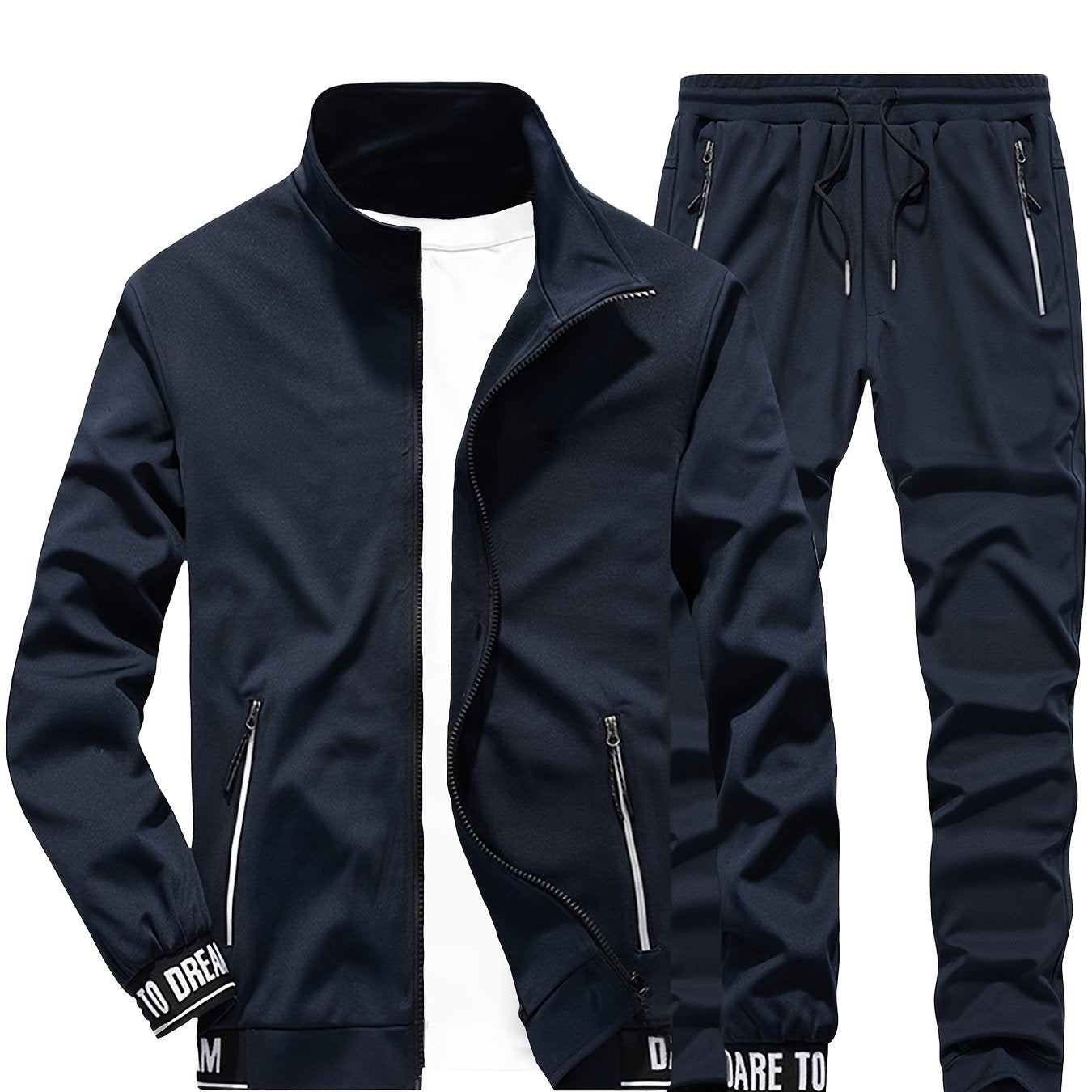 Men'S Casual Sportswear Set - Beige Zip-Up Jacket & Joggers with "DARE TO BE" Print, Long Sleeve, Pockets, and Drawstring Waist, Perfect for Running and Leisure Activities, Spring/Fall Collection, Spring Fall Attire | Zipup J