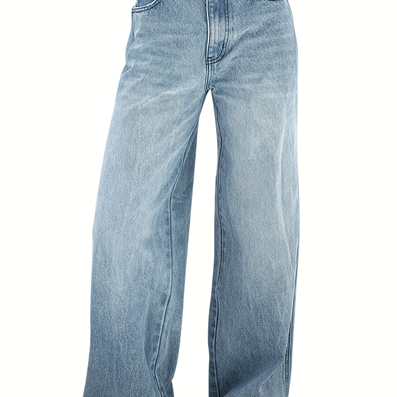Women's Casual Wide Leg Jeans, Plain Washed Blue Denim Pants, Comfort Fit With Classic Design