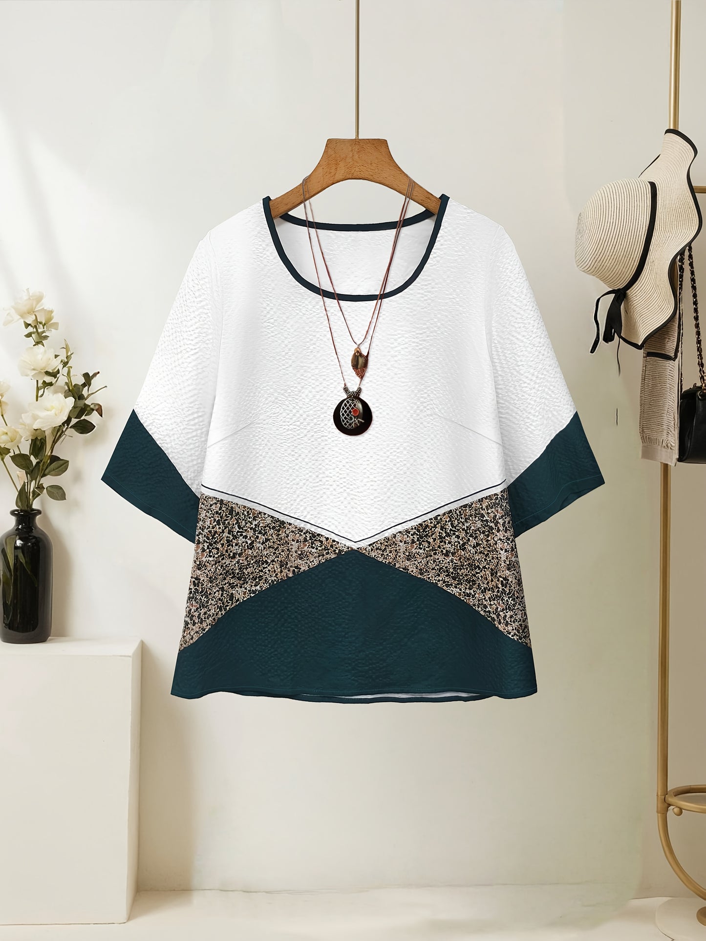 Women's fashionable printed patchwork round-neck top with solid-colored wide-leg trousers