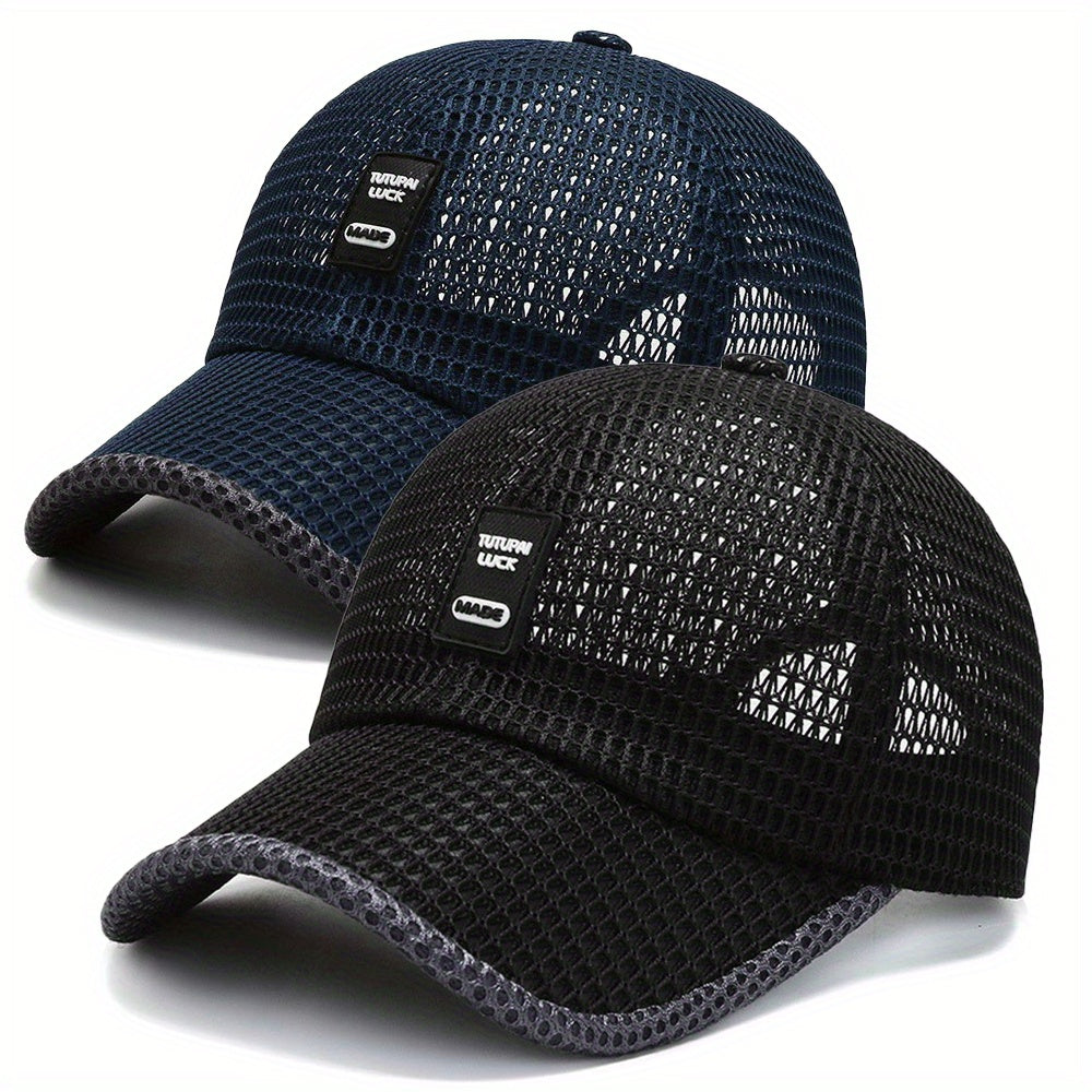 2pcs Unisex Quick-Dry Mesh Baseball Caps - Breathable, Adjustable Summer Sun Hats with Large Brims for Outdoor Activities, Black & Gray Textured Design