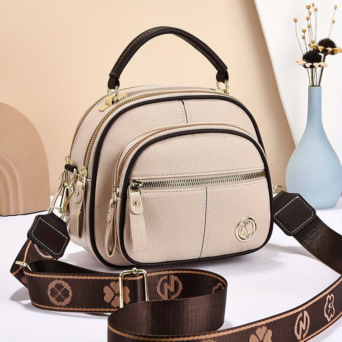 FIDM Wo 'S Synthetic Faux Leather Handbag - Chic Beige Multi-Compart T Handbag with Adjustable Strap, Zip Closure, And Polyester Lining for Everyday Use, Everyday Handbag|Sophisticated Design|Synthetic Faux Leather Purs