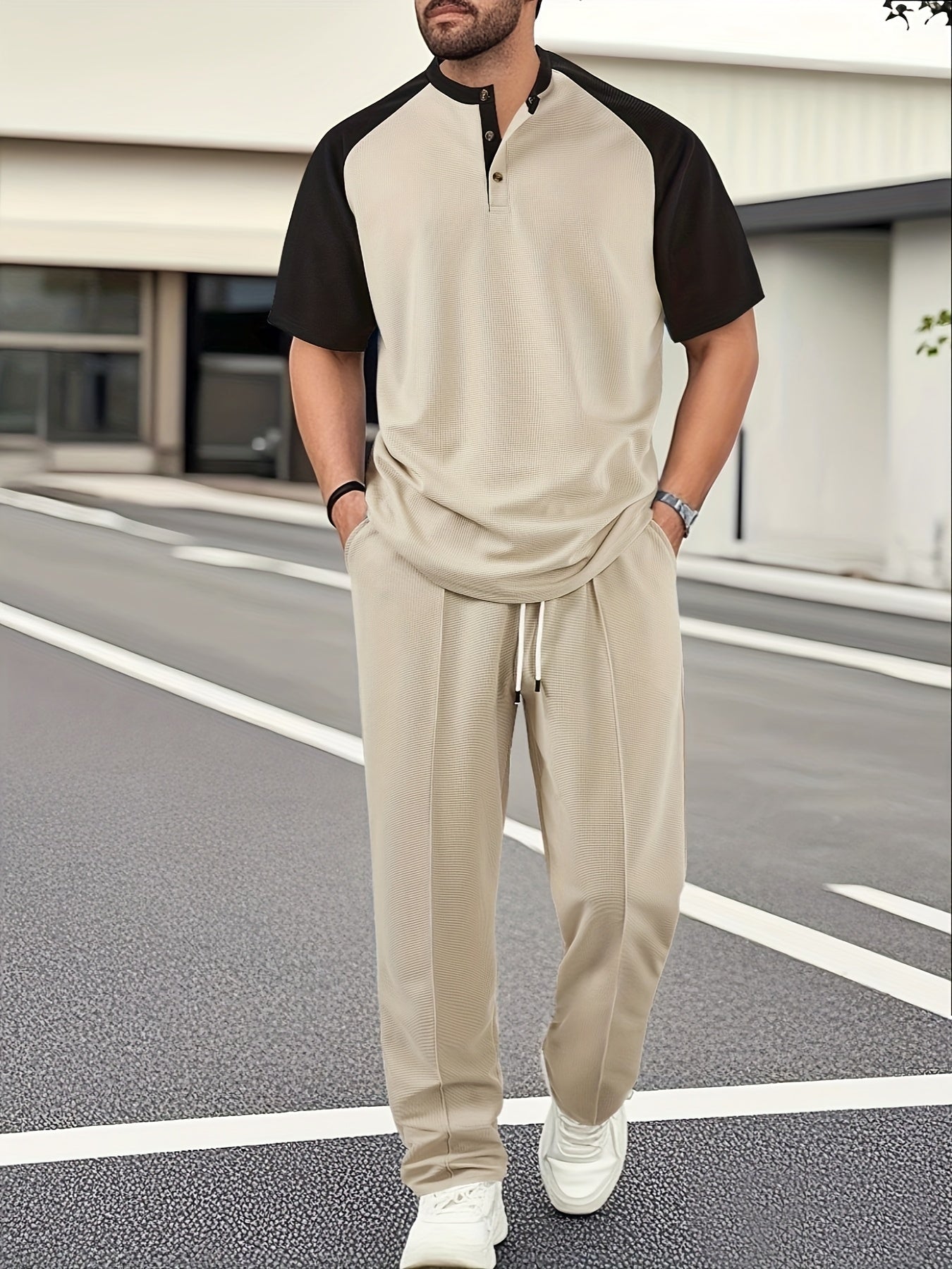 Men's Casual Mixed Color Spliced Set: Shirt and Drawstring Pants, Clean and Comfortable
