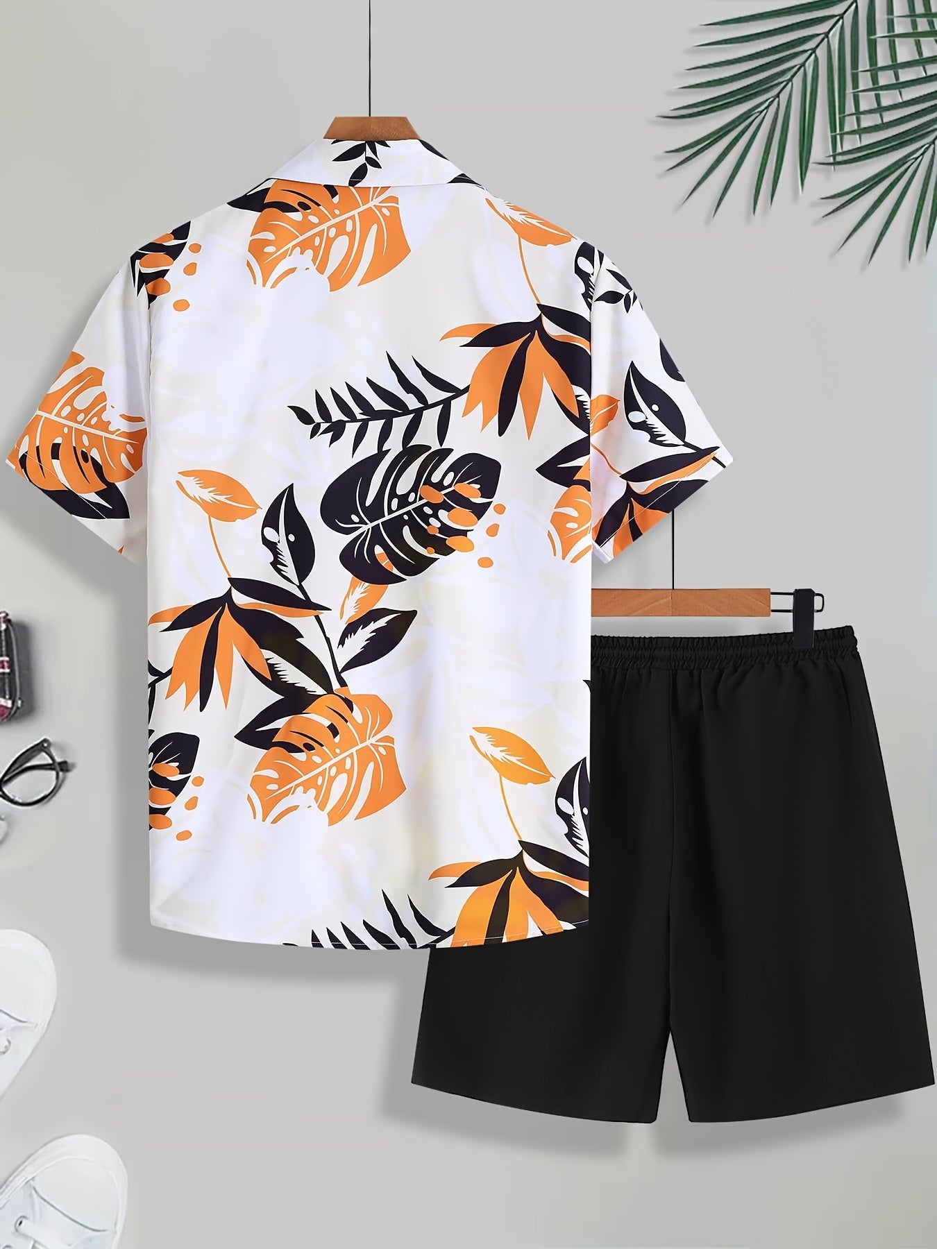 Men'S Tropical Palm Leaf Print Short Sleeve Shirt & Solid Black Shorts Set - Casual Summer Outfit with Drawstring Waist, Non-Stretch Fabric, Perfect for Beach or Vacation, Beach Attire | Tropical Print Shirt | Nonstretch Fabr
