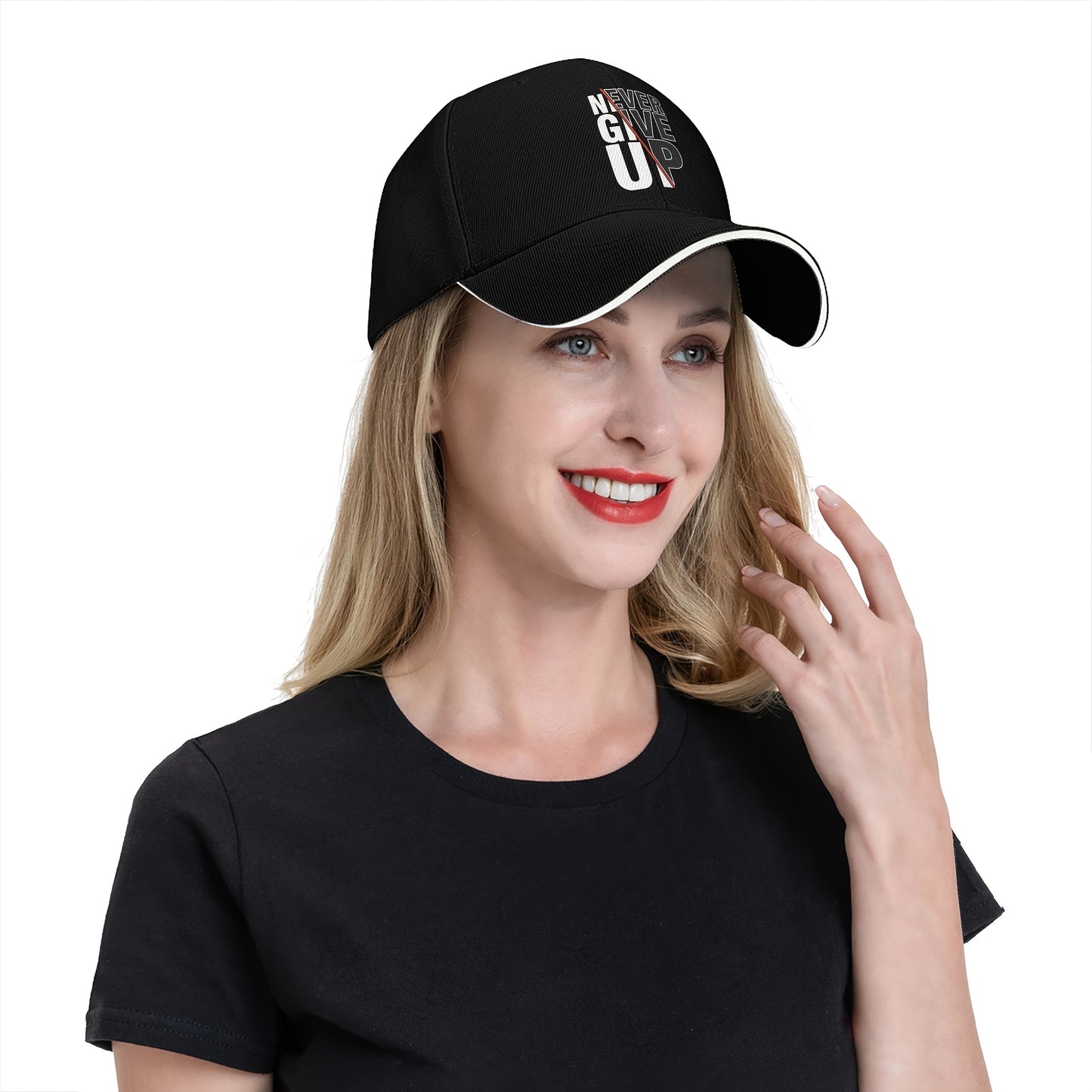 1 Pack Never Give Up Print Baseball Cap - Adjustable Snapback Dad Hat with Breathable Mesh Back, Funky Unisex Trucker Hat for Outdoor Fishing Driving, Black with White & Red Lettering, One Size Fits Most (53.34-63.5 cm)