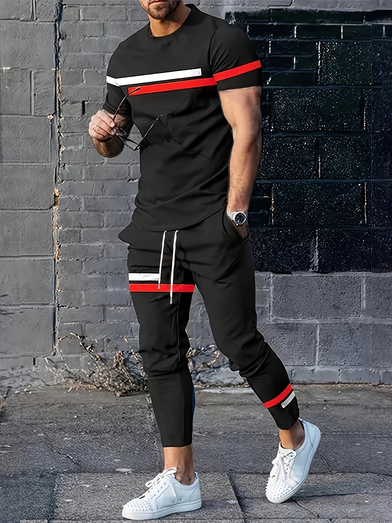 Men's Summer Athletic Short Sleeve Tops & Long Pants Set - Striped Polyester Blend Streetwear Outfit