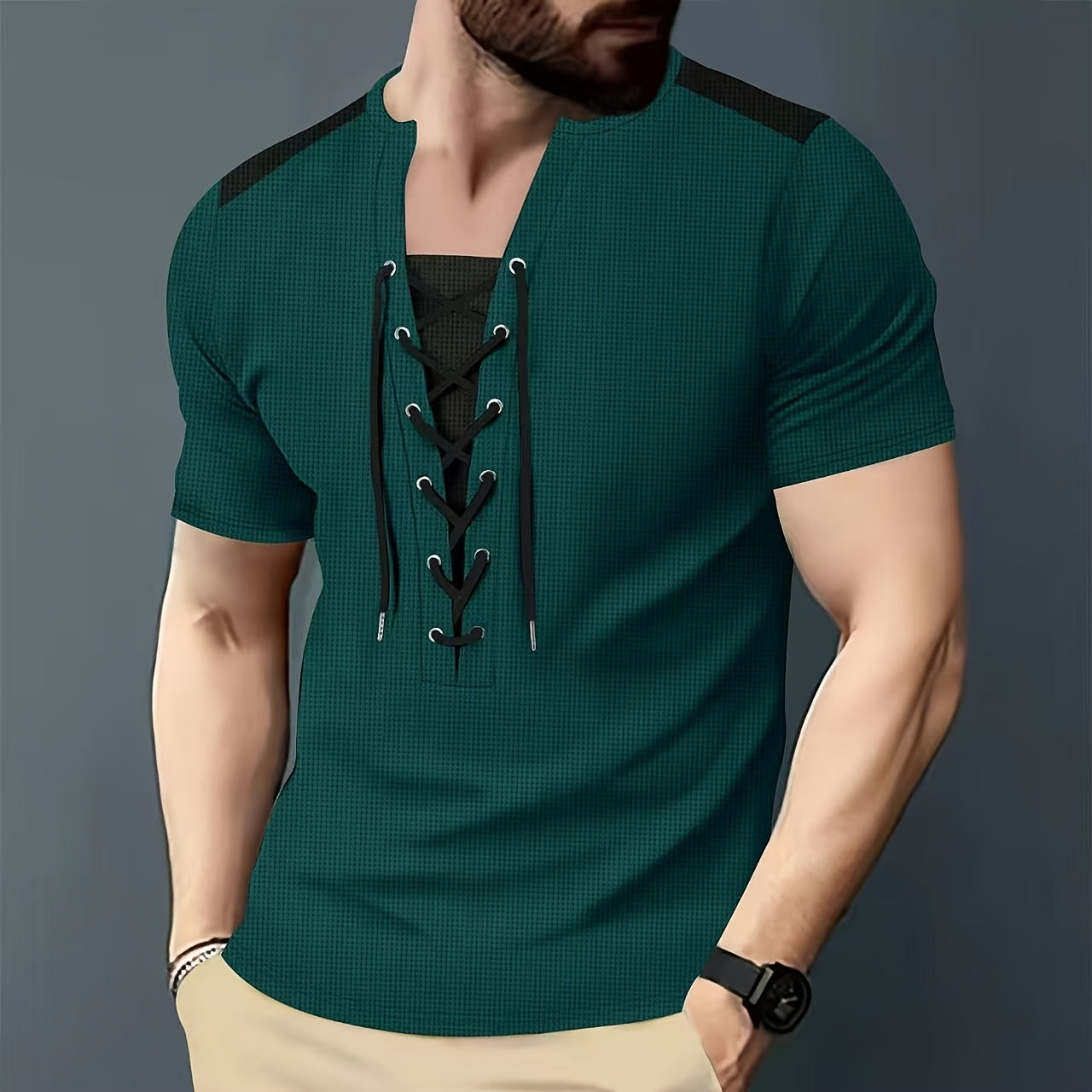 Men'S Casual Waffle Knit Short Sleeve T-Shirt with Drawstring Detail - Maroon & Black, Round Neck, Breathable Polyester Fabric for Summer Outings, Casual Weekend Wear | Round Neck Tee | Stylish Contrast Stitchin
