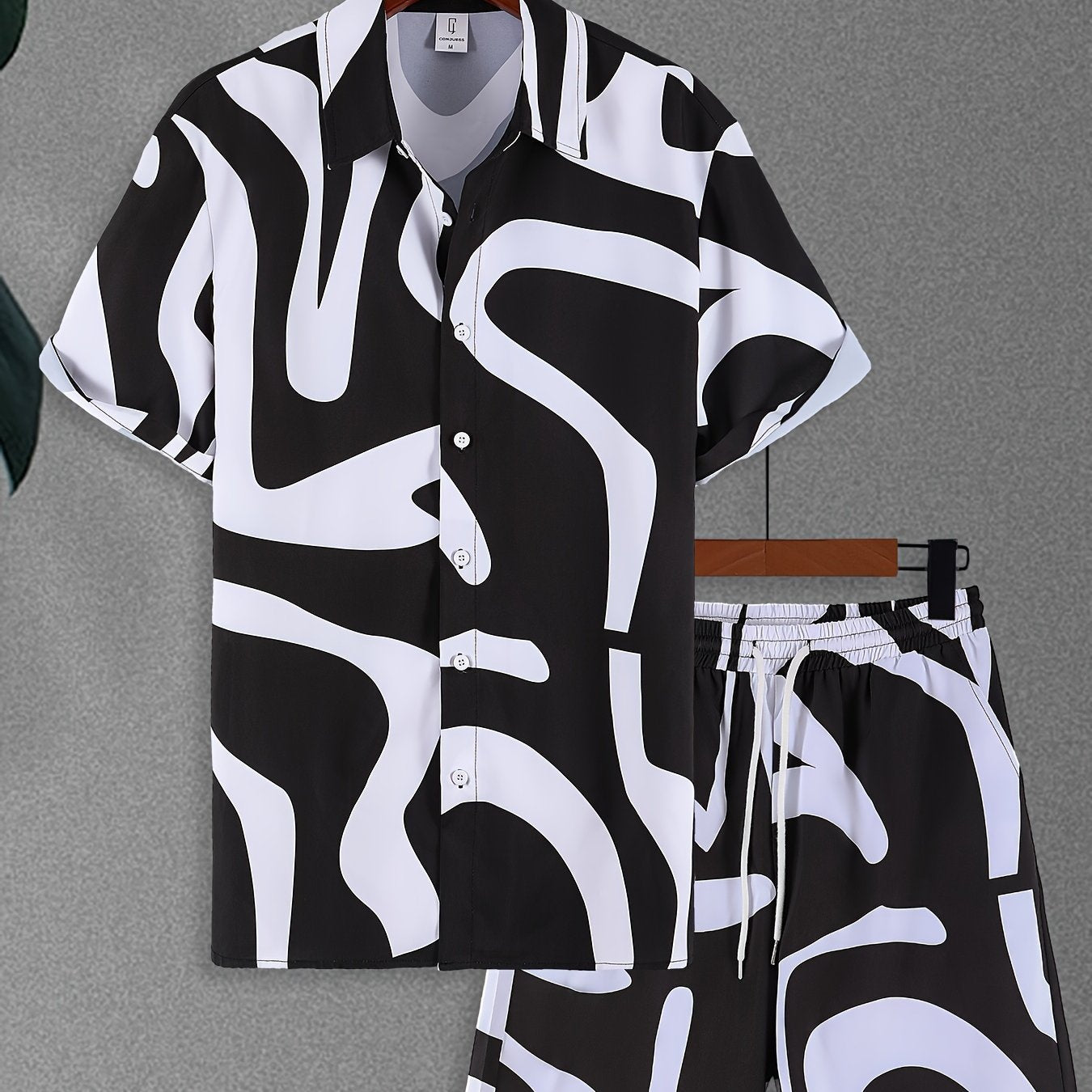 CONJUESS Men'S Summer Casual Short Sleeve Shirt and Shorts Set, Polyester 100%, Lapel Collar, Non-Stretch Woven Fabric, Irregular Striped Print, Regular Fit, 120g/m² - Green and White