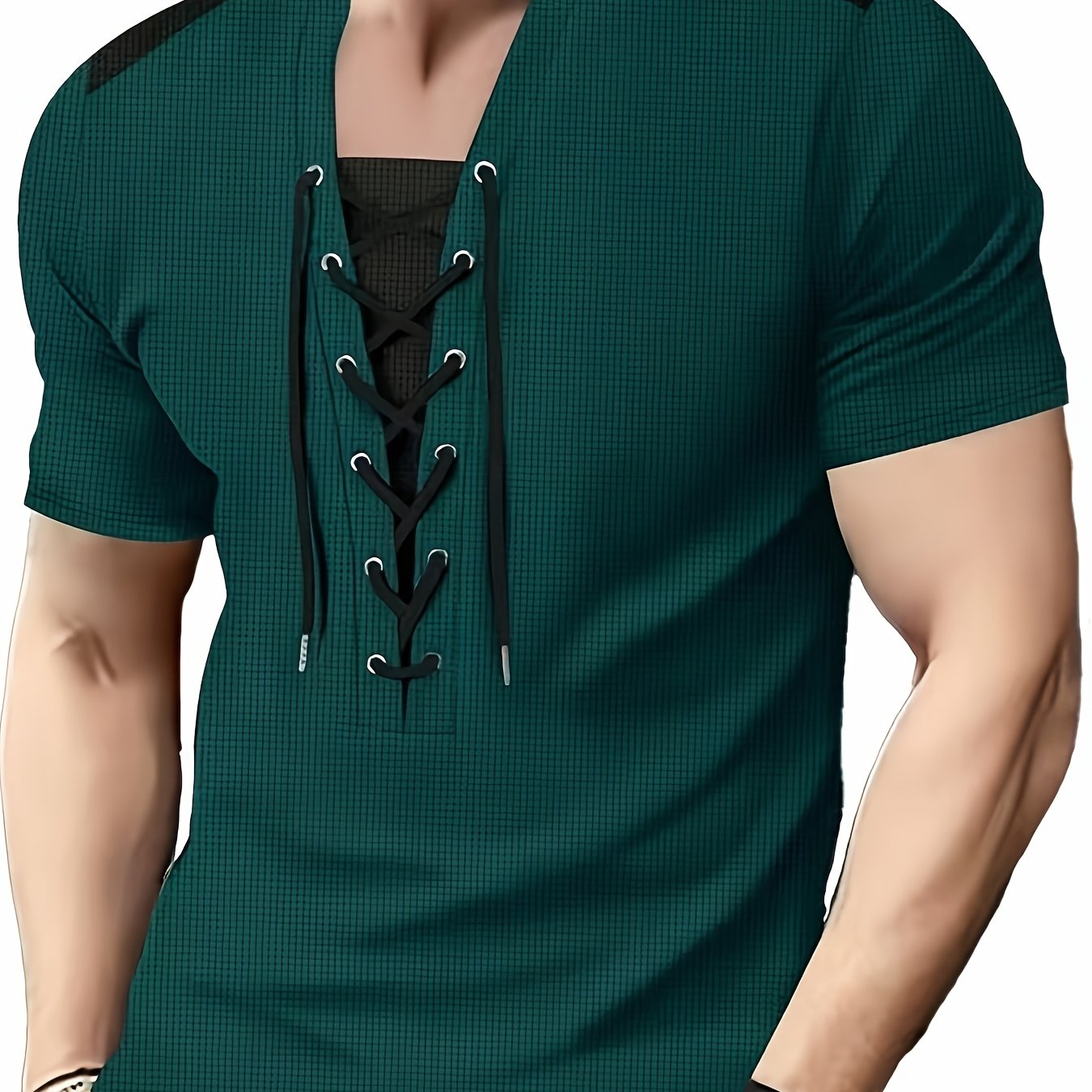 Men'S Casual Waffle Knit Short Sleeve T-Shirt with Drawstring Detail - Maroon & Black, Round Neck, Breathable Polyester Fabric for Summer Outings, Casual Weekend Wear | Round Neck Tee | Stylish Contrast Stitchin