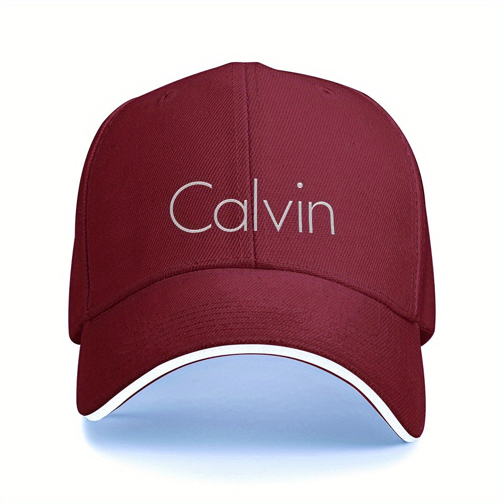 Men's Sporty Breathable Polyester Baseball Cap with Modern Metallic Calvin Text Pattern - Black & White Contrast Design for Fitness, Running, Couples Matching Hats, Fitness Accessory, Sleek Sporty Style, Comfortable Headwear