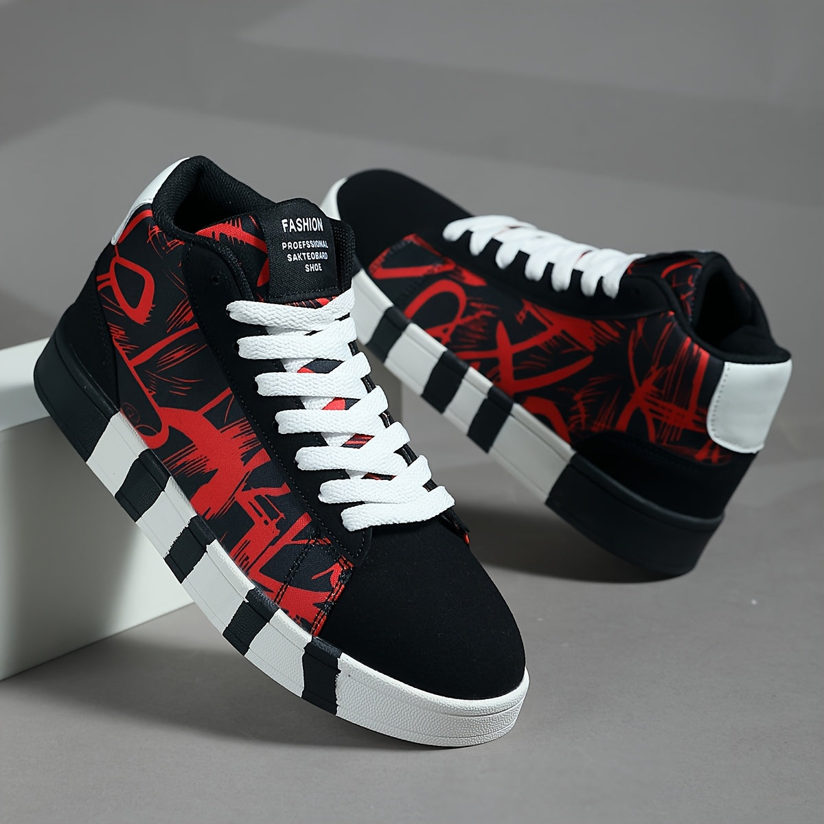 Women'S High-Top Casual Skate Shoes, Black and White Graffiti Design, Lightweight Fabric Lining, All-Season Rubber Sole Sneakers for Outdoor Sports and Hiking, Skate Shoes