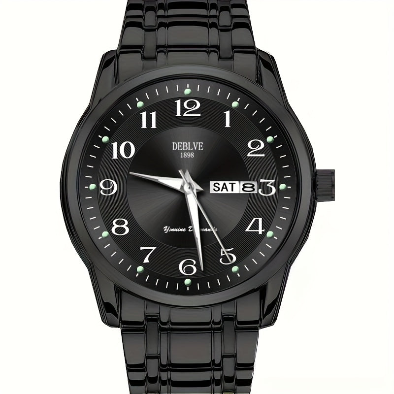 DEBLVE Men'S Fashionable Stainless Steel Watch with Luminous Numbers, Calendar & Week Display - Quartz Movement, Business Style, Ideal for Travel & Daily Use