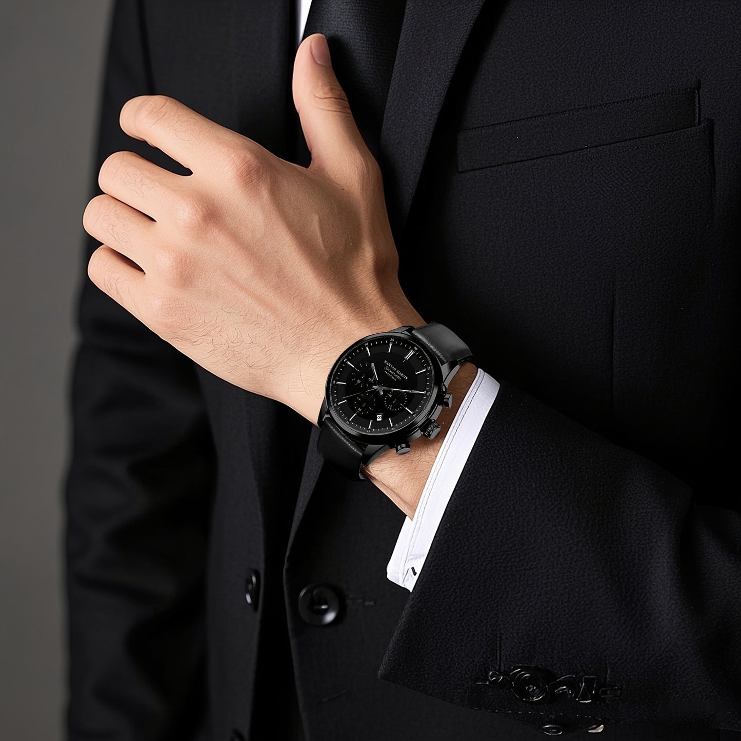 HANNAH MARTIN Men's 2025 Business Chronograph Watch - Black Arabic Numeral & Bar Markers, Date/Second Time Zone, Quartz Movement, Faux Leather Strap, High Quality 30m, Casual & Formal Watch for Casual Attire, Versatile Timepi