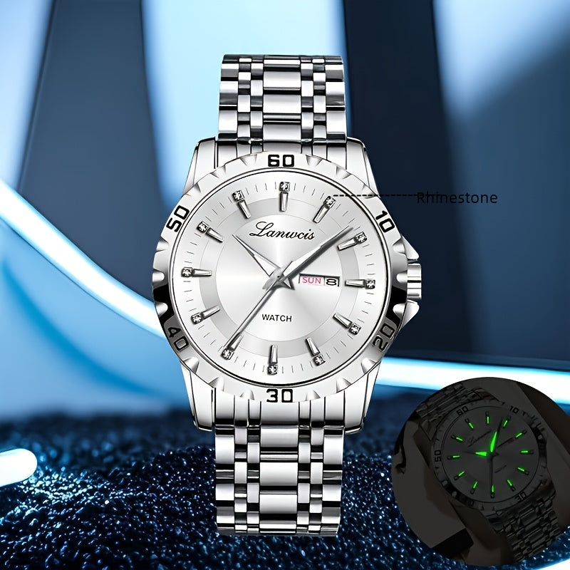 1pc Men's Business Style Stainless Steel Strap Watch - IPX7 Waterproof, Luminous Hands & Dial, Calendar & Week Display, Quartz Movement, Travel Leisure Sports Watch with Gift Box, Luxury Wristwatch | Sleek Metallic Finish | D
