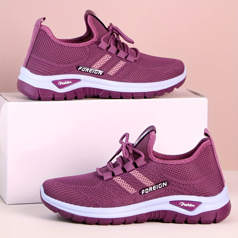 Women's Lightweight Breathable Knit Running Sneakers - Casual Sneakers with Lace-Up Closure, Dual-Layer PVC Sole for Easy Wear & Comfort, Black & Red Striped Design, Perfect for Outdoor Activities, Walking, and Daily Commute,